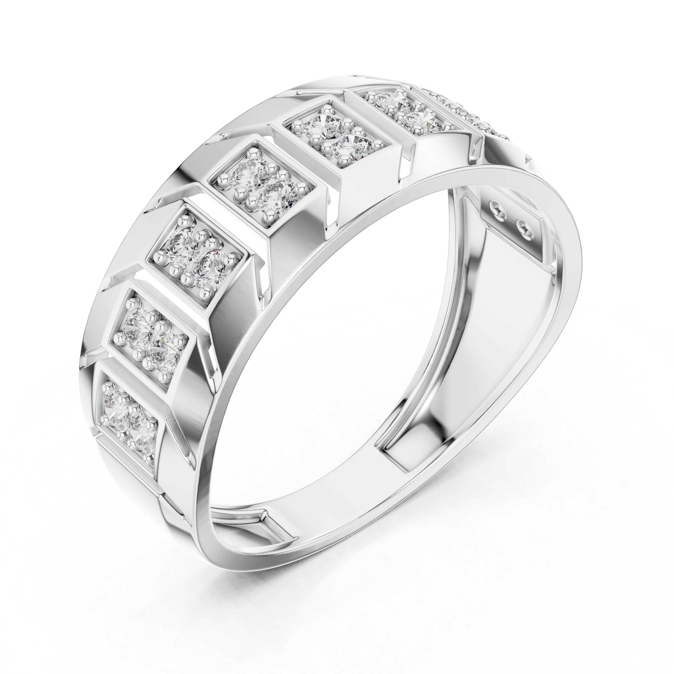 Modern Multi-Panel Diamond Ring with Geometric Groove Detailing