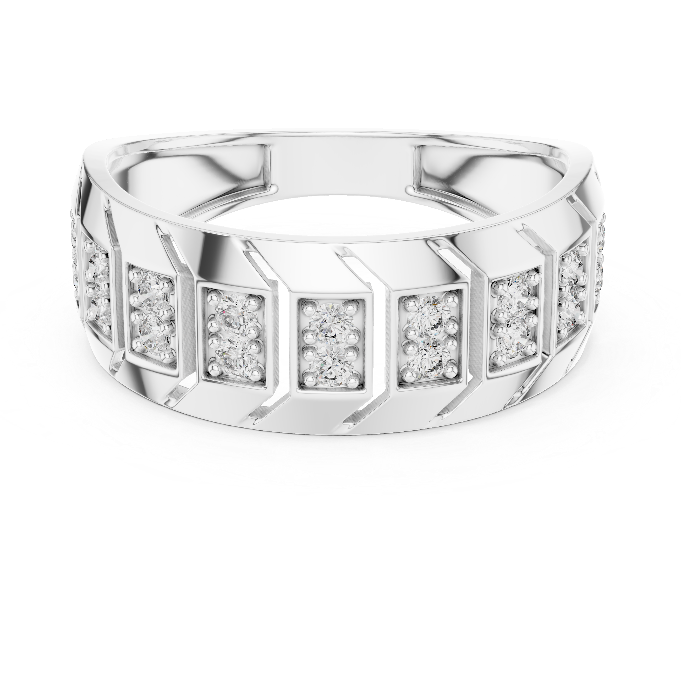 Modern Multi-Panel Diamond Ring with Geometric Groove Detailing