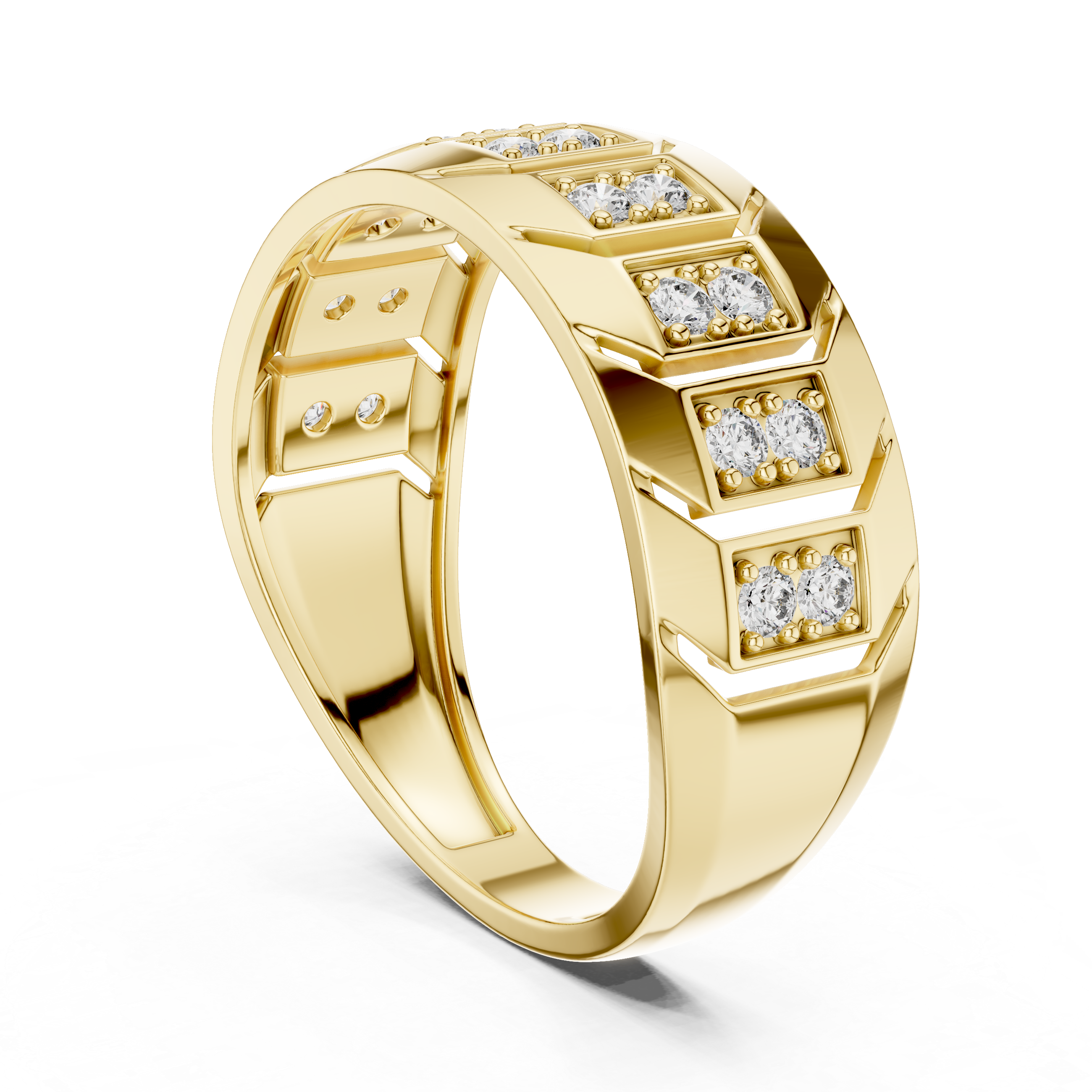 Modern Multi-Panel Diamond Ring with Geometric Groove Detailing