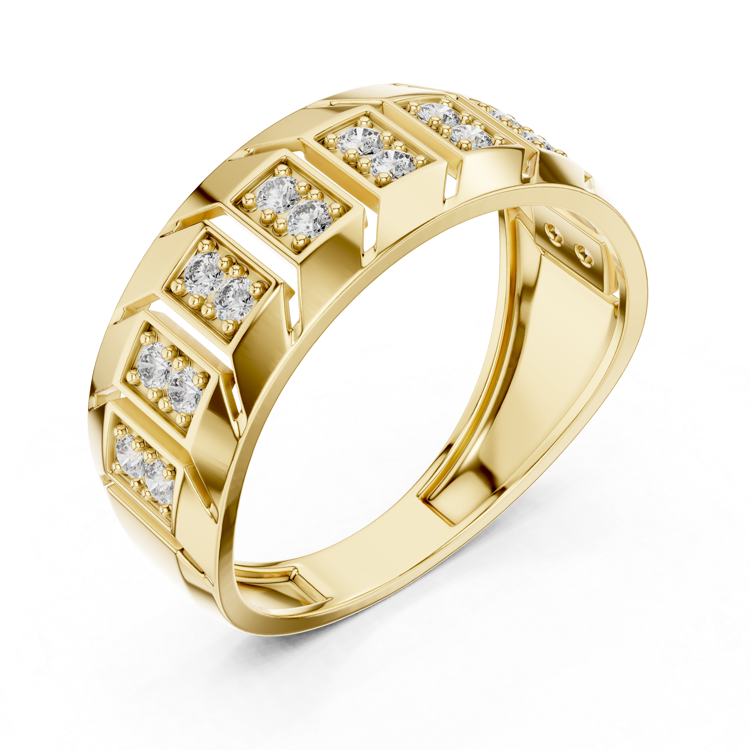Modern Multi-Panel Diamond Ring with Geometric Groove Detailing