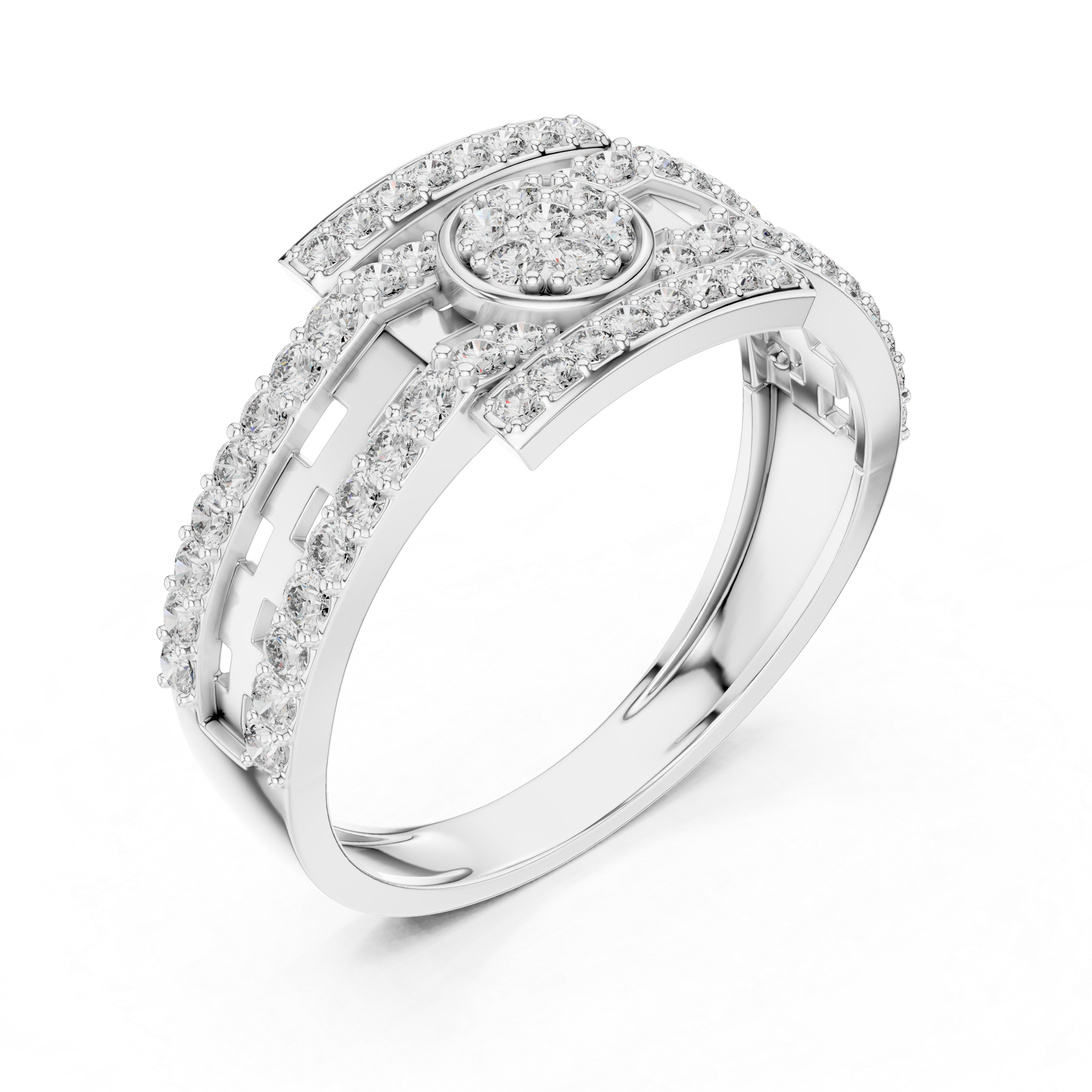 Luxury Double Row Diamond Ring with Circular Cluster Center