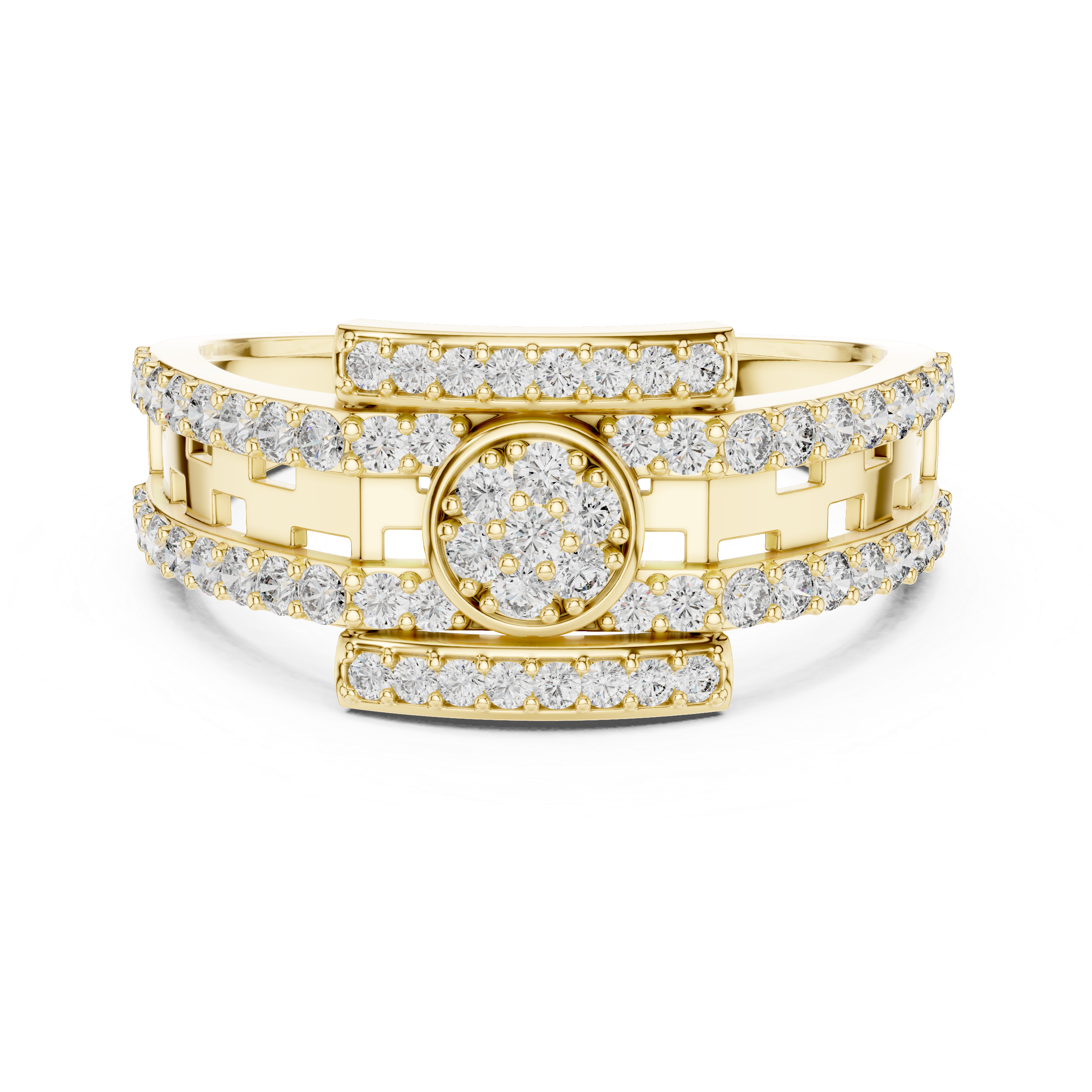 Luxury Double Row Diamond Ring with Circular Cluster Center