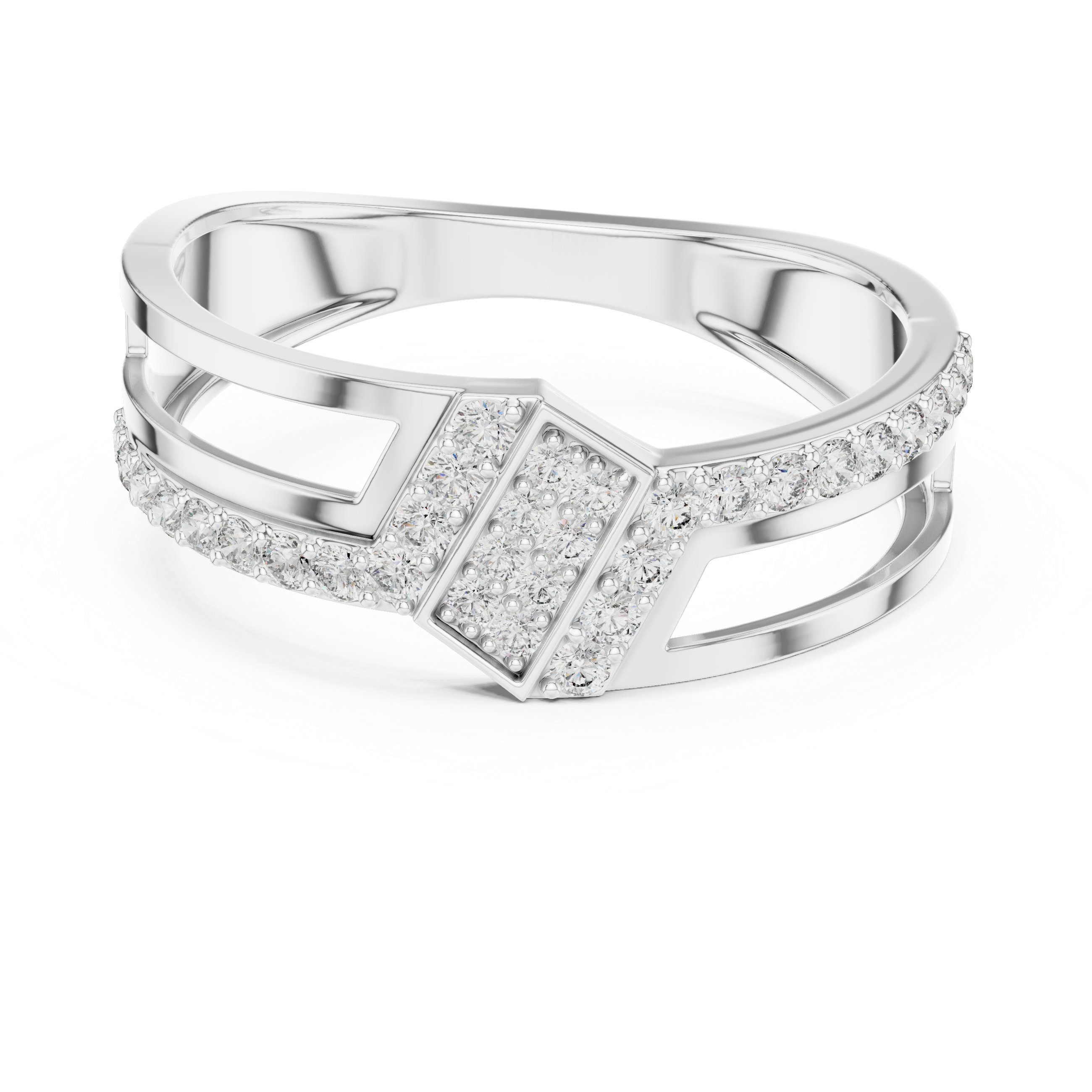 Modern Open Gallery Diamond Ring with Geometric Center Cluster
