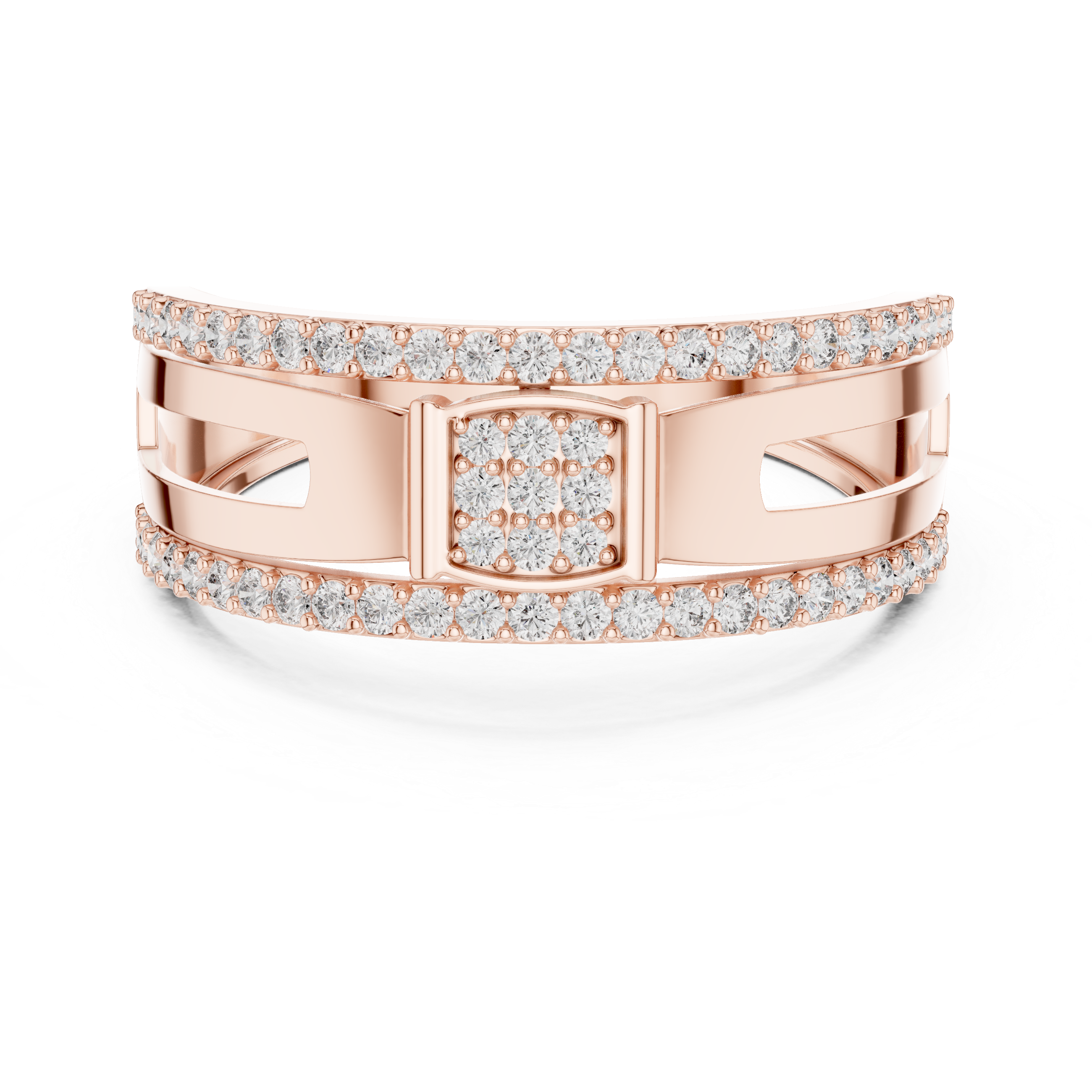 Modern Double Row Diamond Band Ring with Square Cluster Center