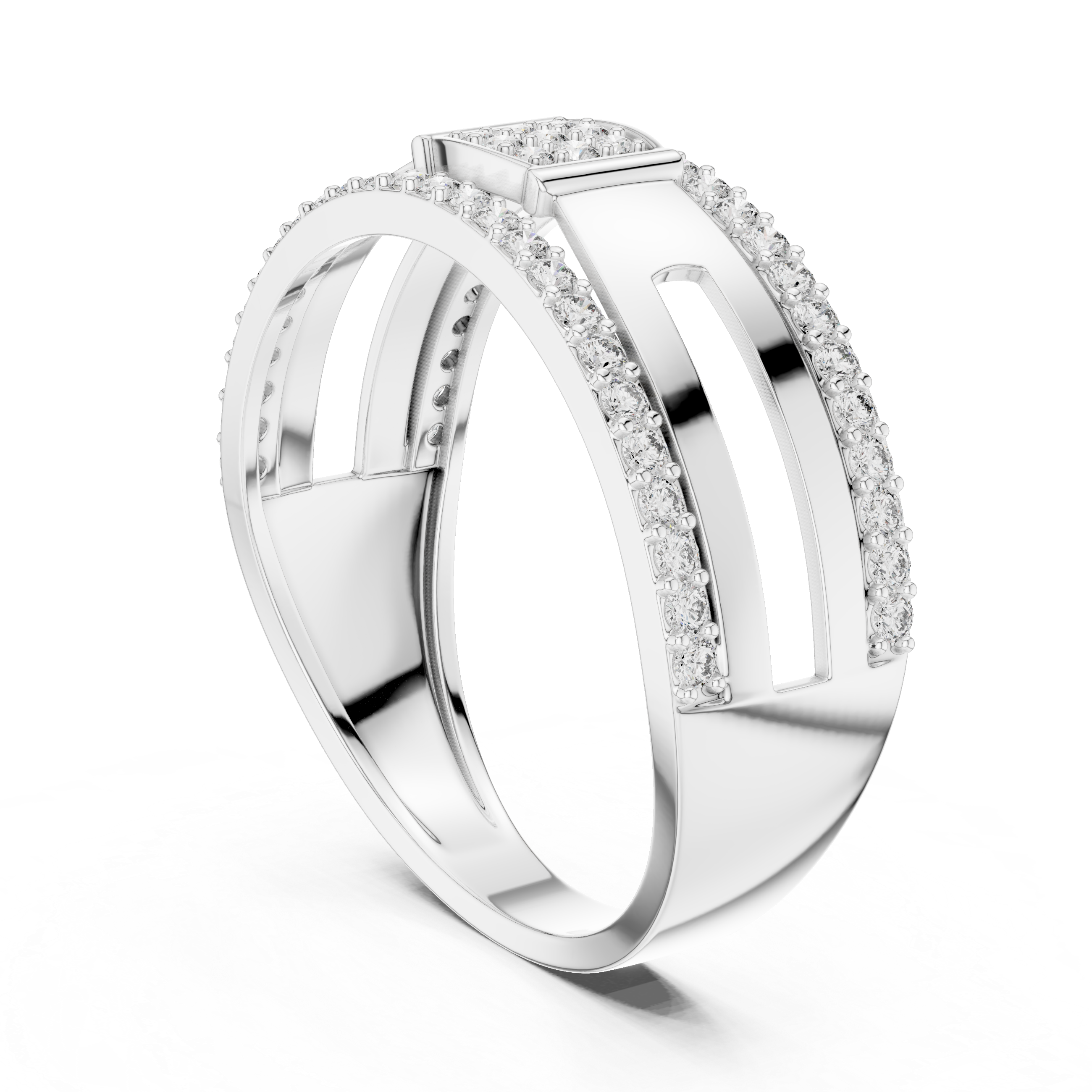 Modern Double Row Diamond Band Ring with Square Cluster Center