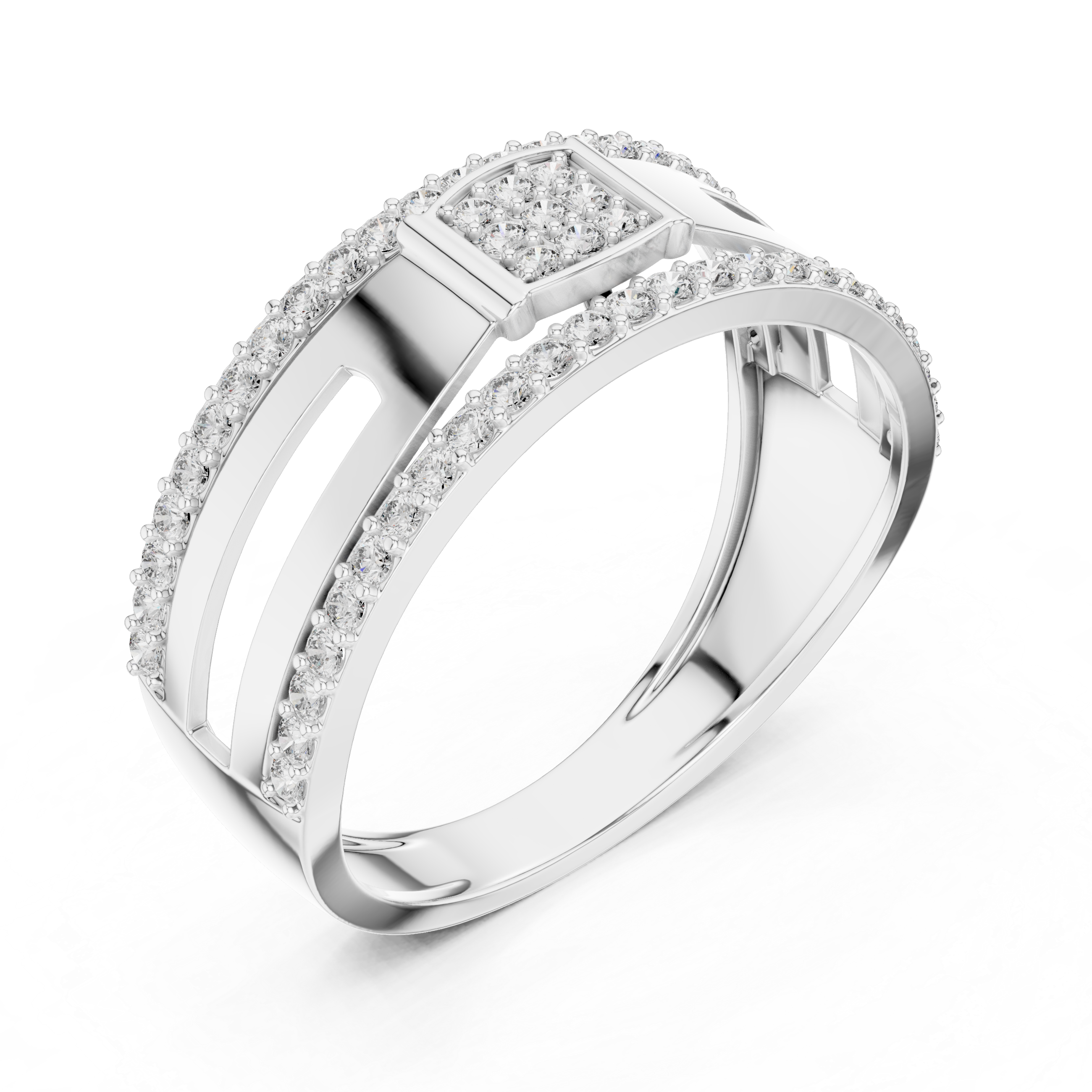 Modern Double Row Diamond Band Ring with Square Cluster Center