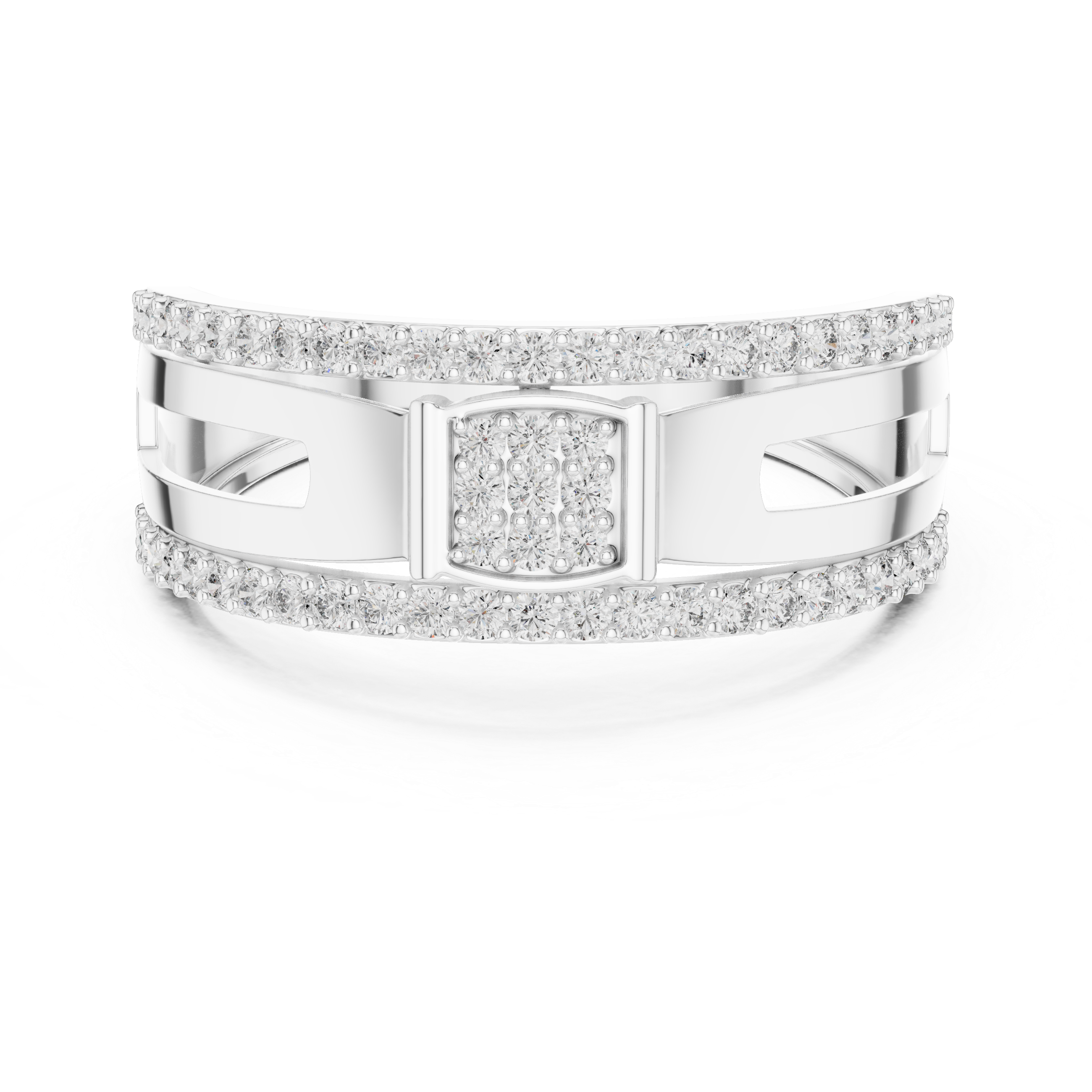 Modern Double Row Diamond Band Ring with Square Cluster Center