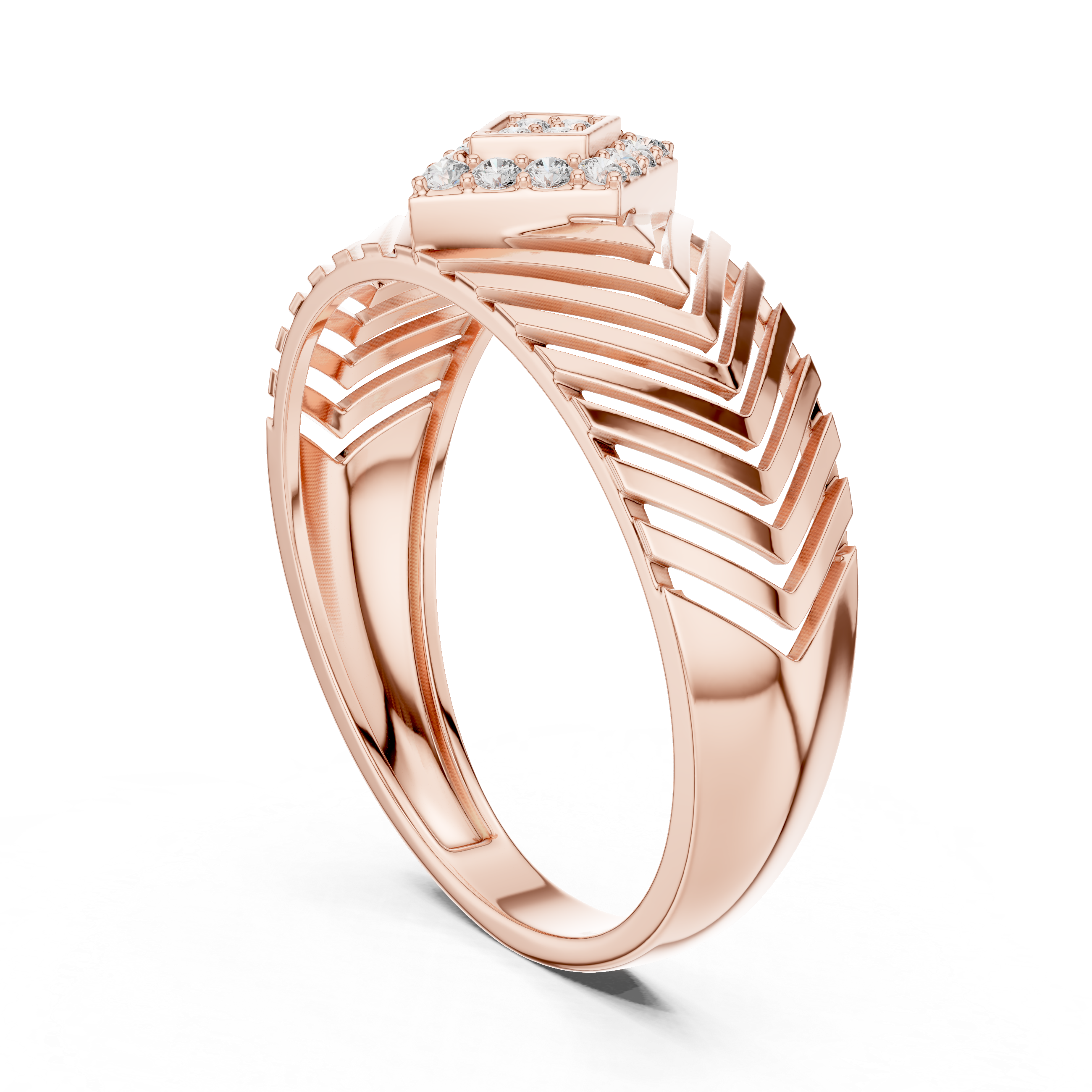 Chevron Pattern Diamond Ring with Geometric Cluster Center
