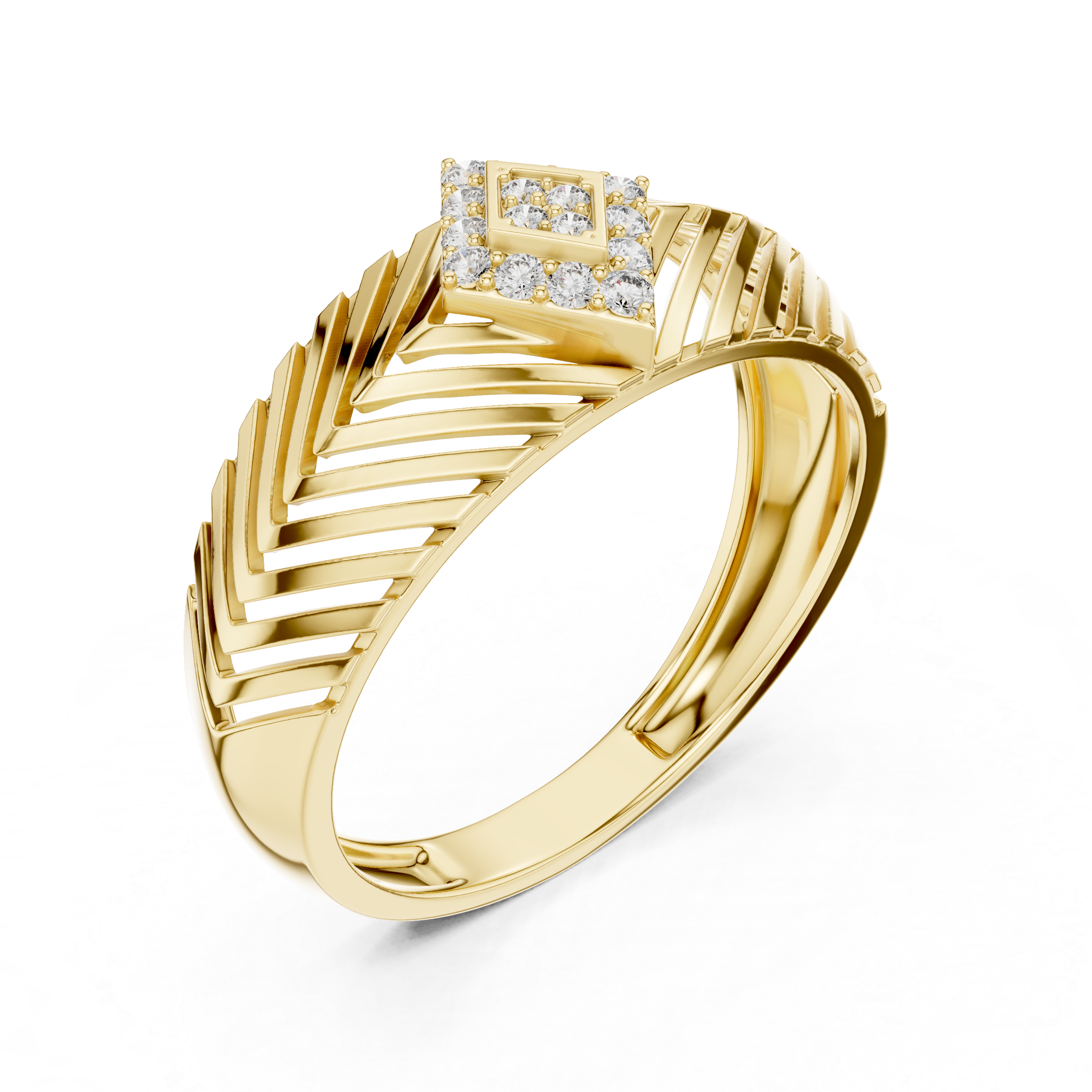 Chevron Pattern Diamond Ring with Geometric Cluster Center