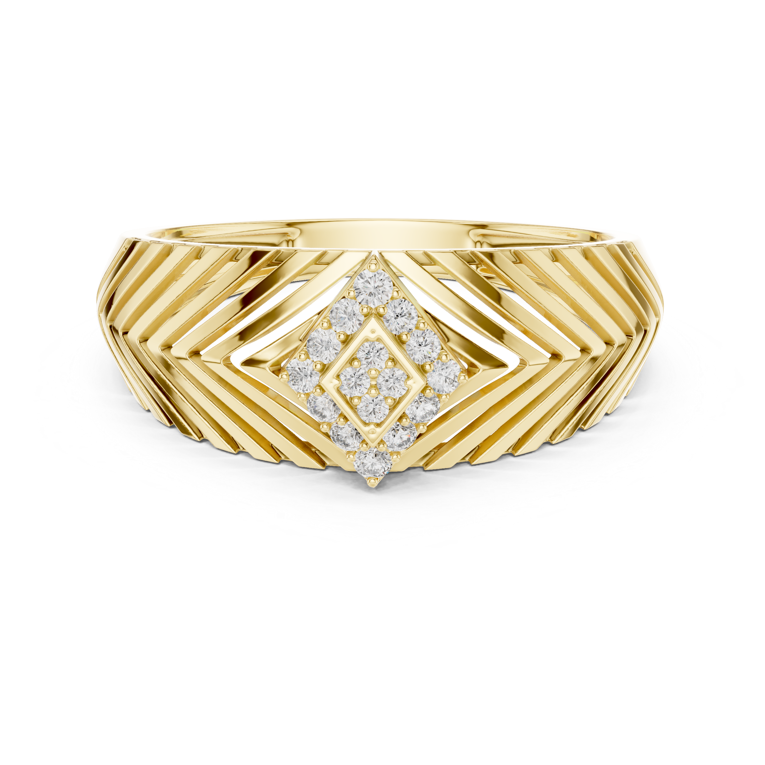 Chevron Pattern Diamond Ring with Geometric Cluster Center