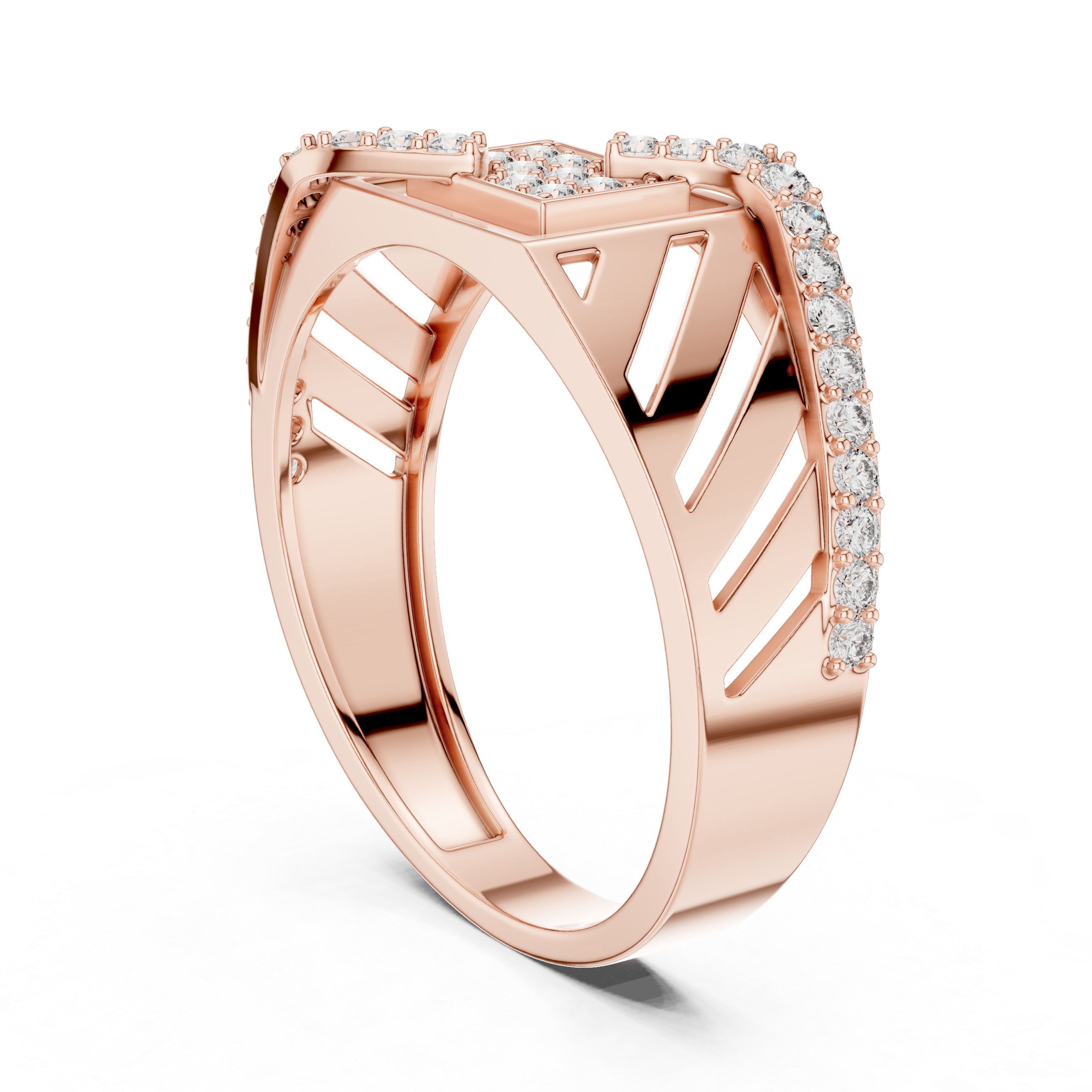 Modern Roman Numeral Diamond Ring with Wave Pavé Design