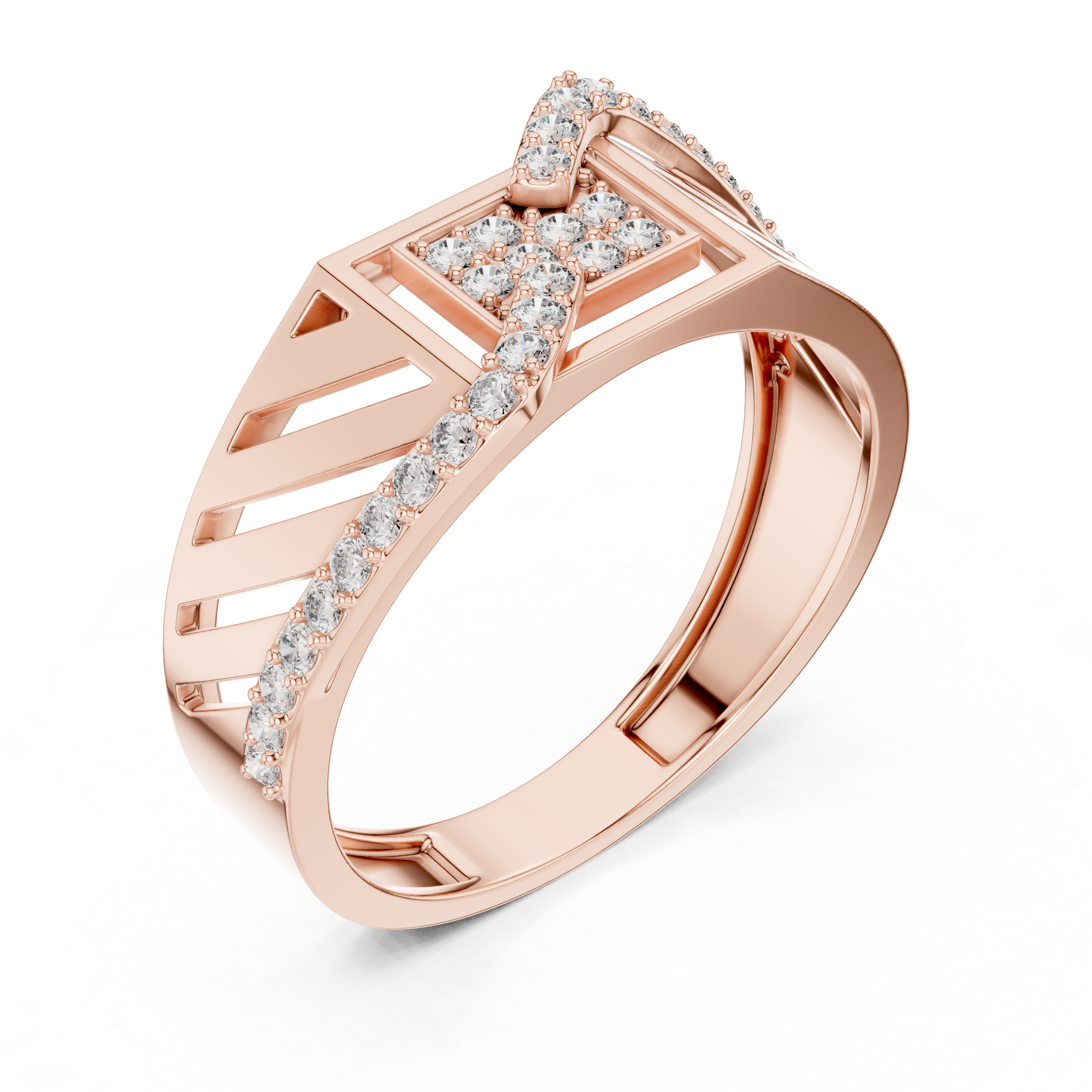 Modern Roman Numeral Diamond Ring with Wave Pavé Design