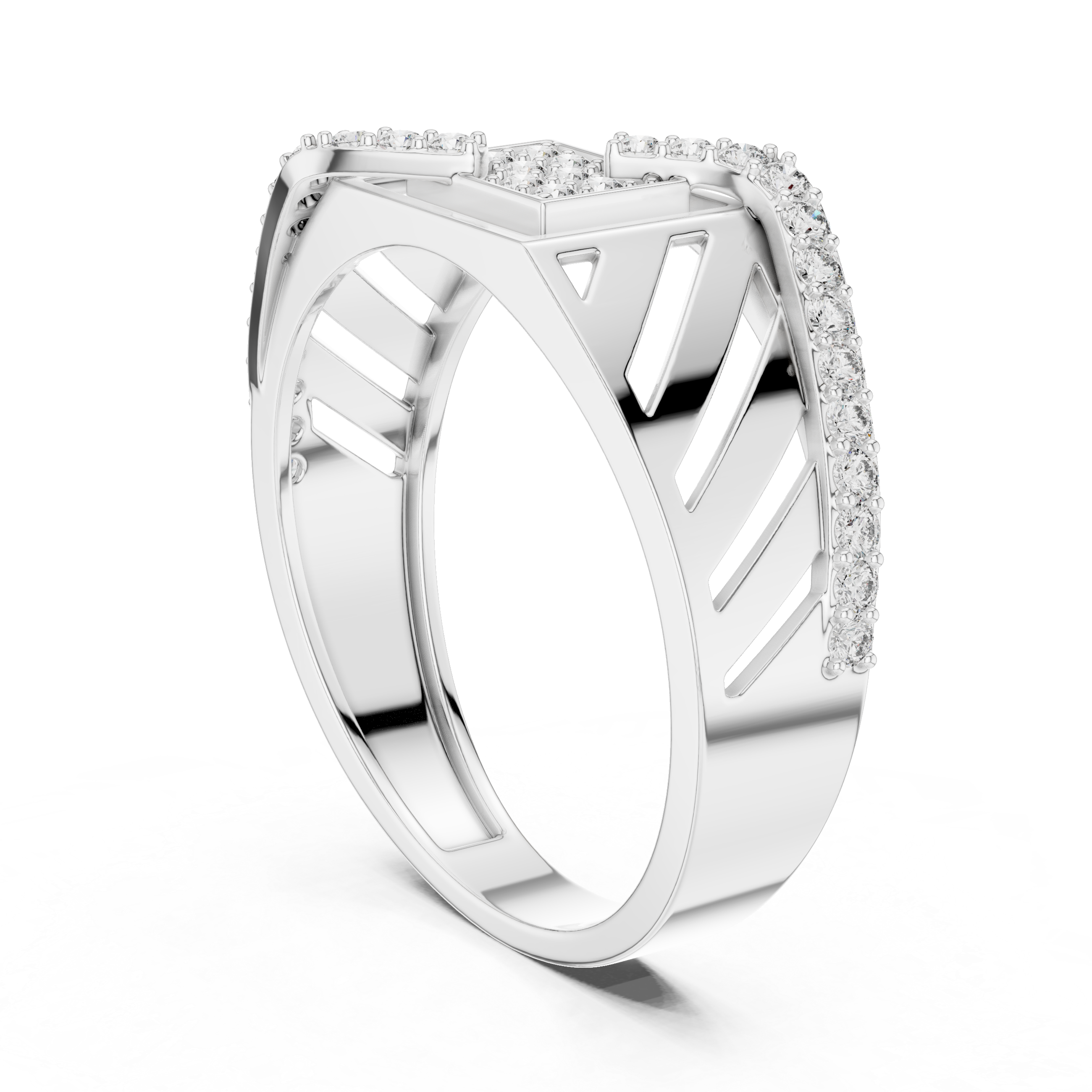 Modern Roman Numeral Diamond Ring with Wave Pavé Design