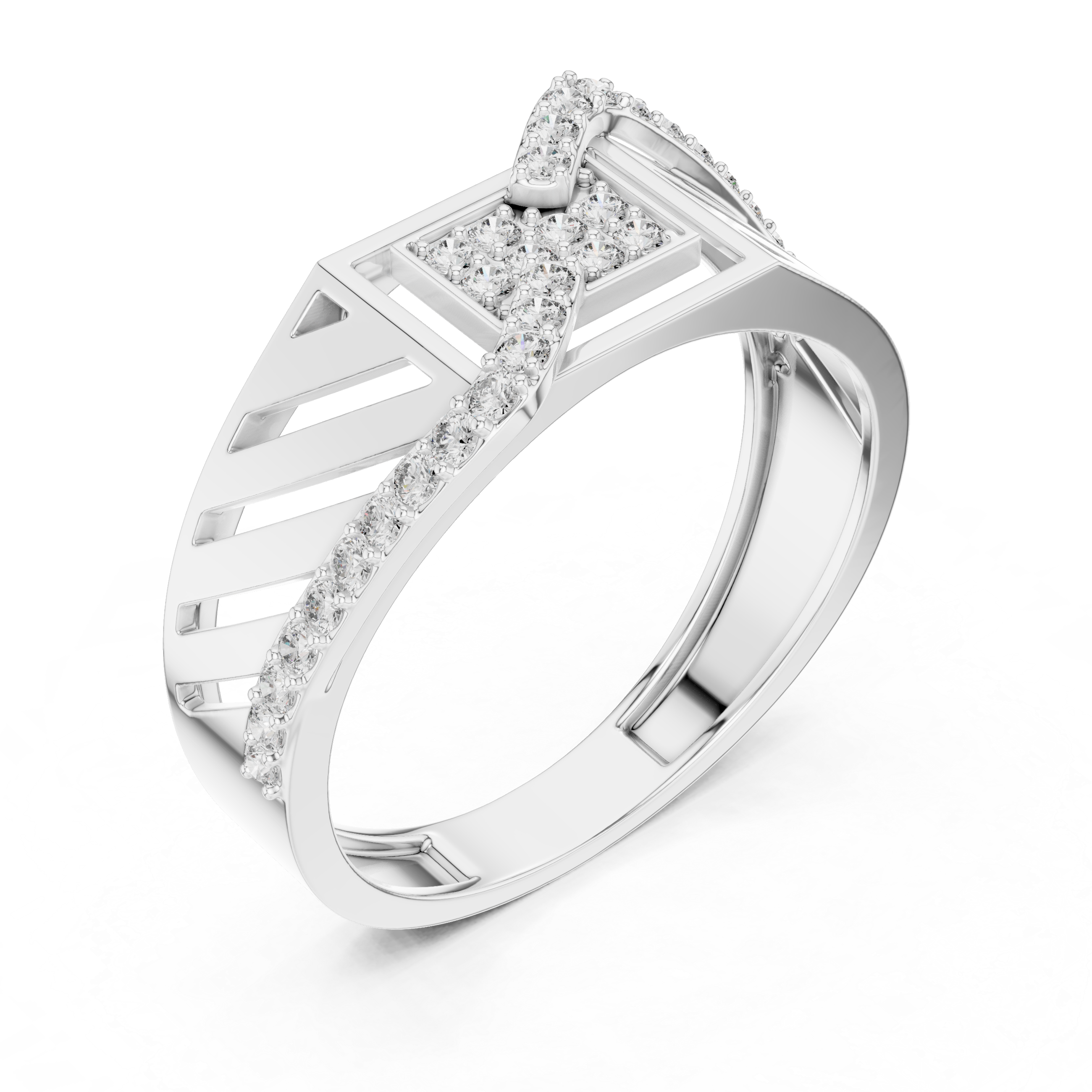 Modern Roman Numeral Diamond Ring with Wave Pavé Design