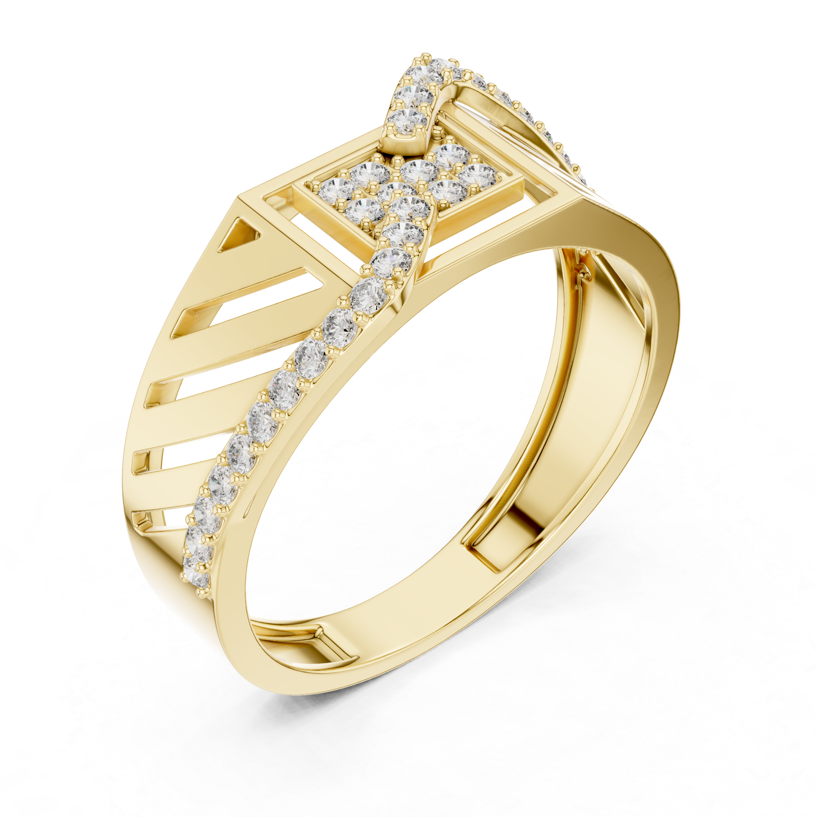 Modern Roman Numeral Diamond Ring with Wave Pavé Design