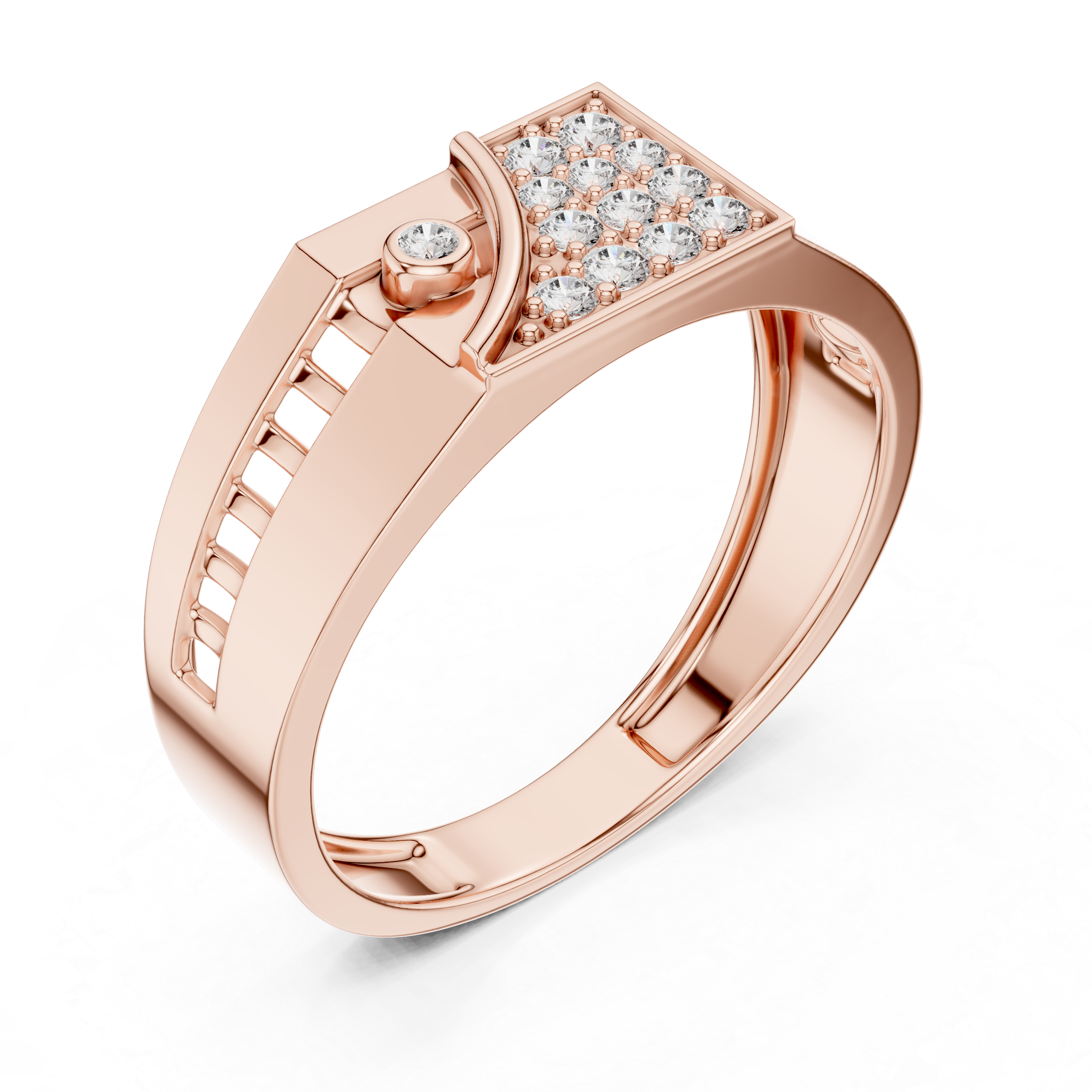 Modern Asymmetrical Diamond Signet Ring with Geometric Pavé Panel