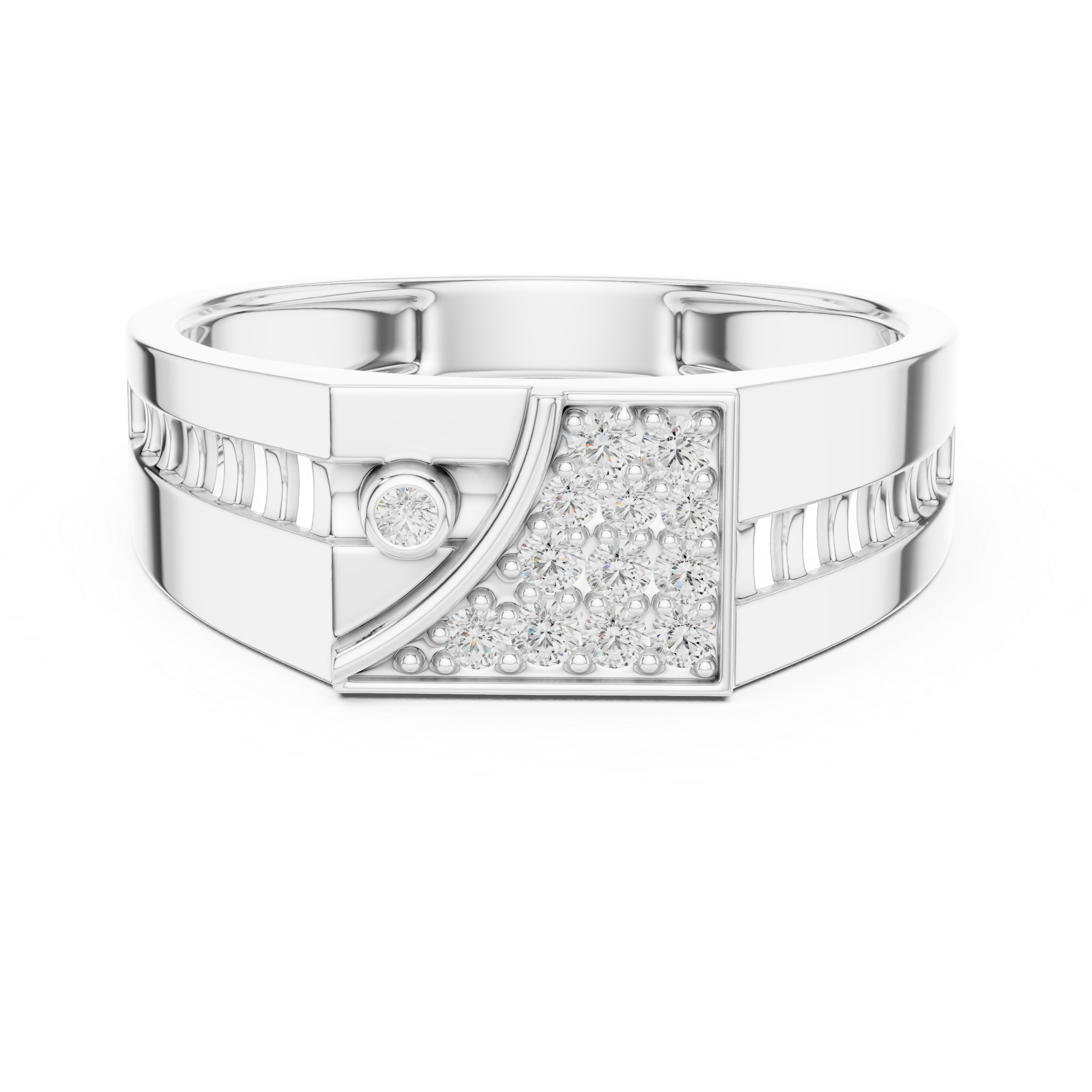 Modern Asymmetrical Diamond Signet Ring with Geometric Pavé Panel