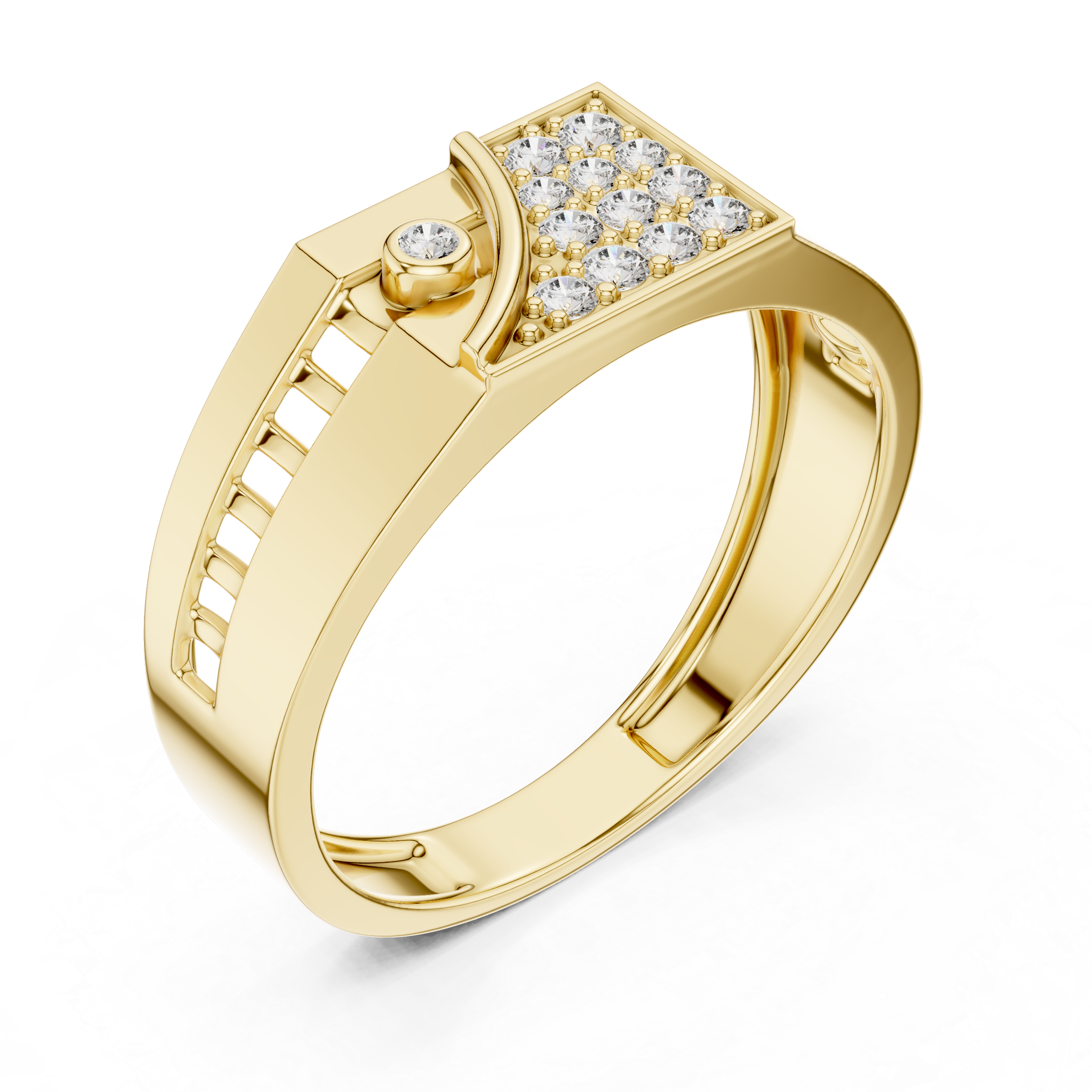 Modern Asymmetrical Diamond Signet Ring with Geometric Pavé Panel