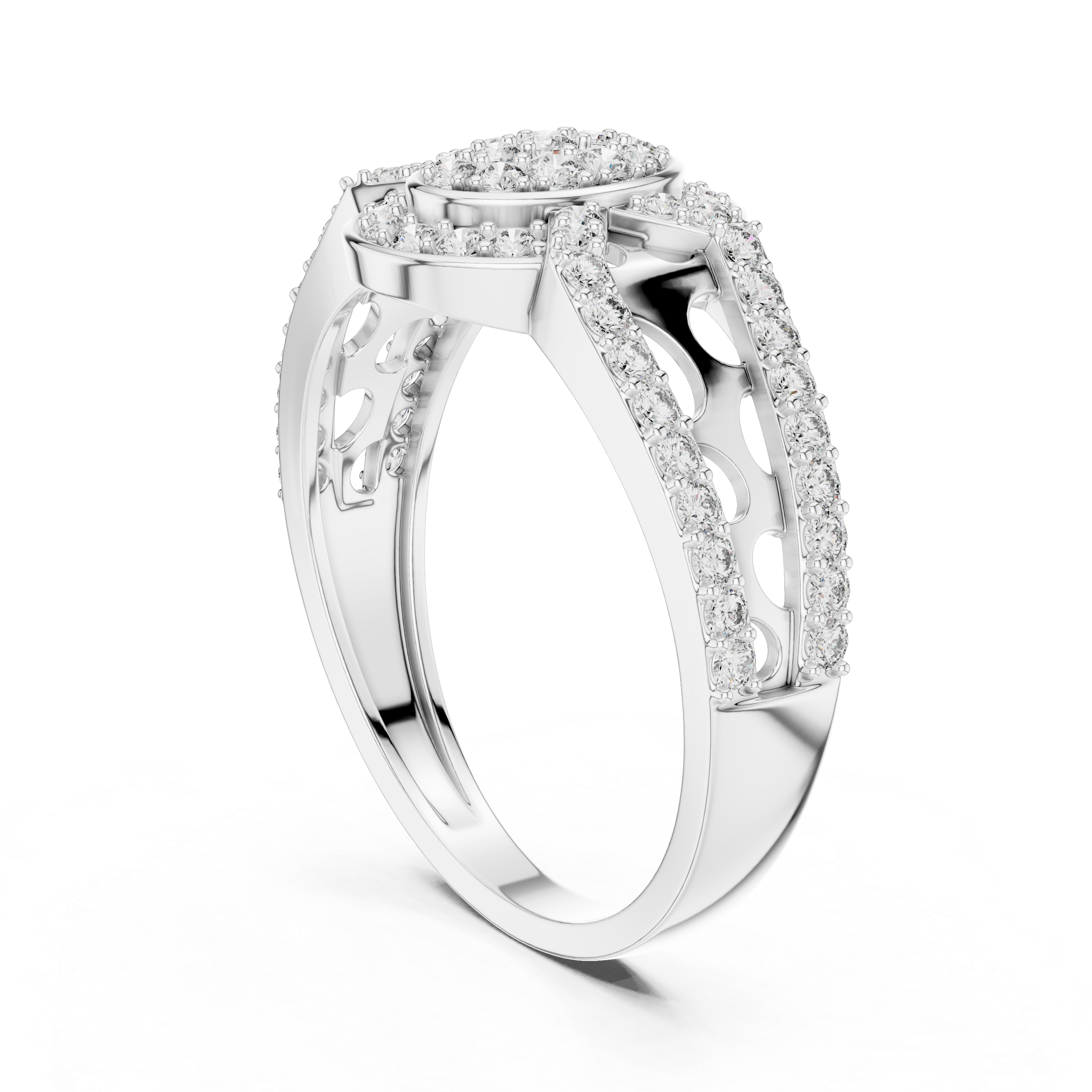 Oval Halo Diamond Ring with Split Pavé Band and Vintage Gallery Design