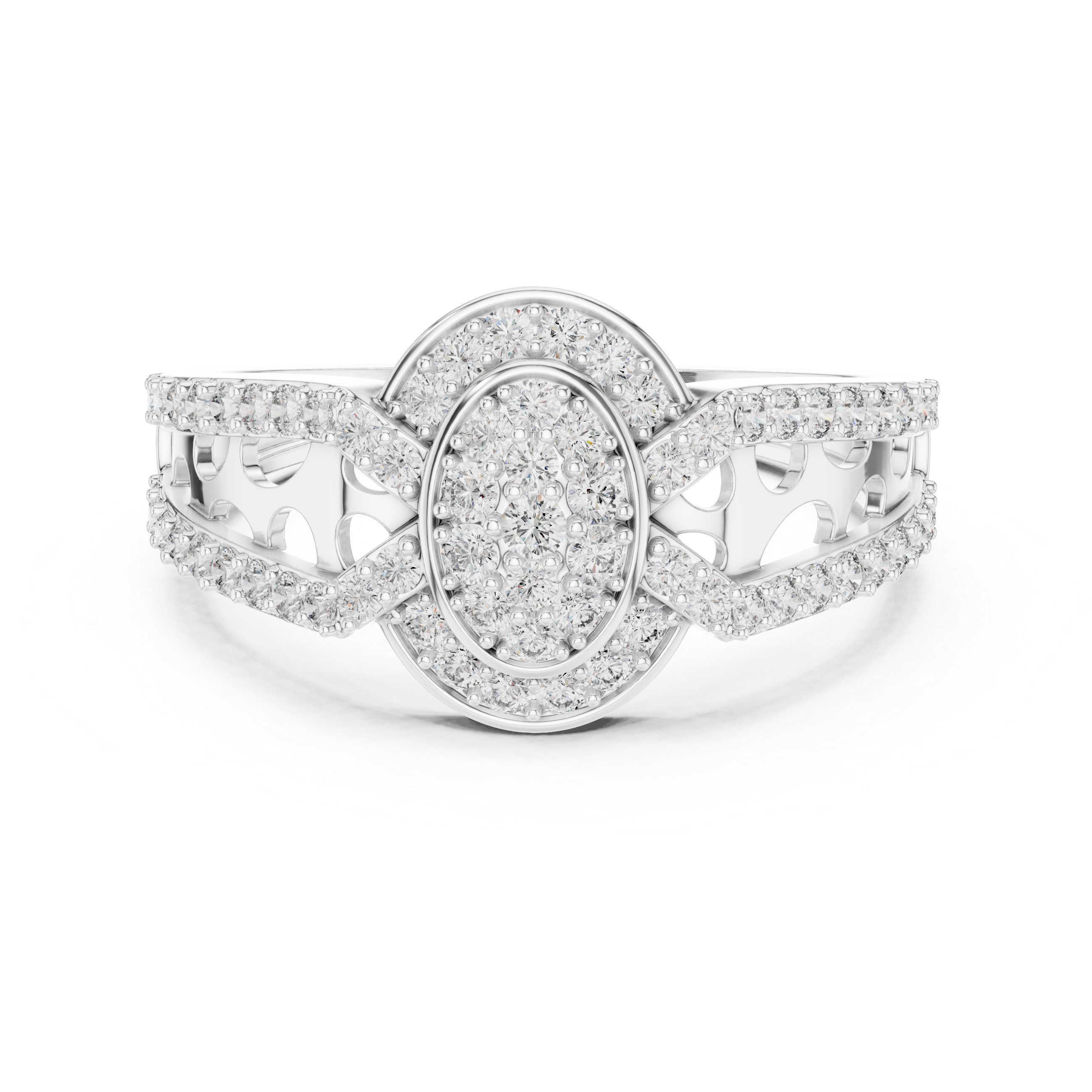 Oval Halo Diamond Ring with Split Pavé Band and Vintage Gallery Design