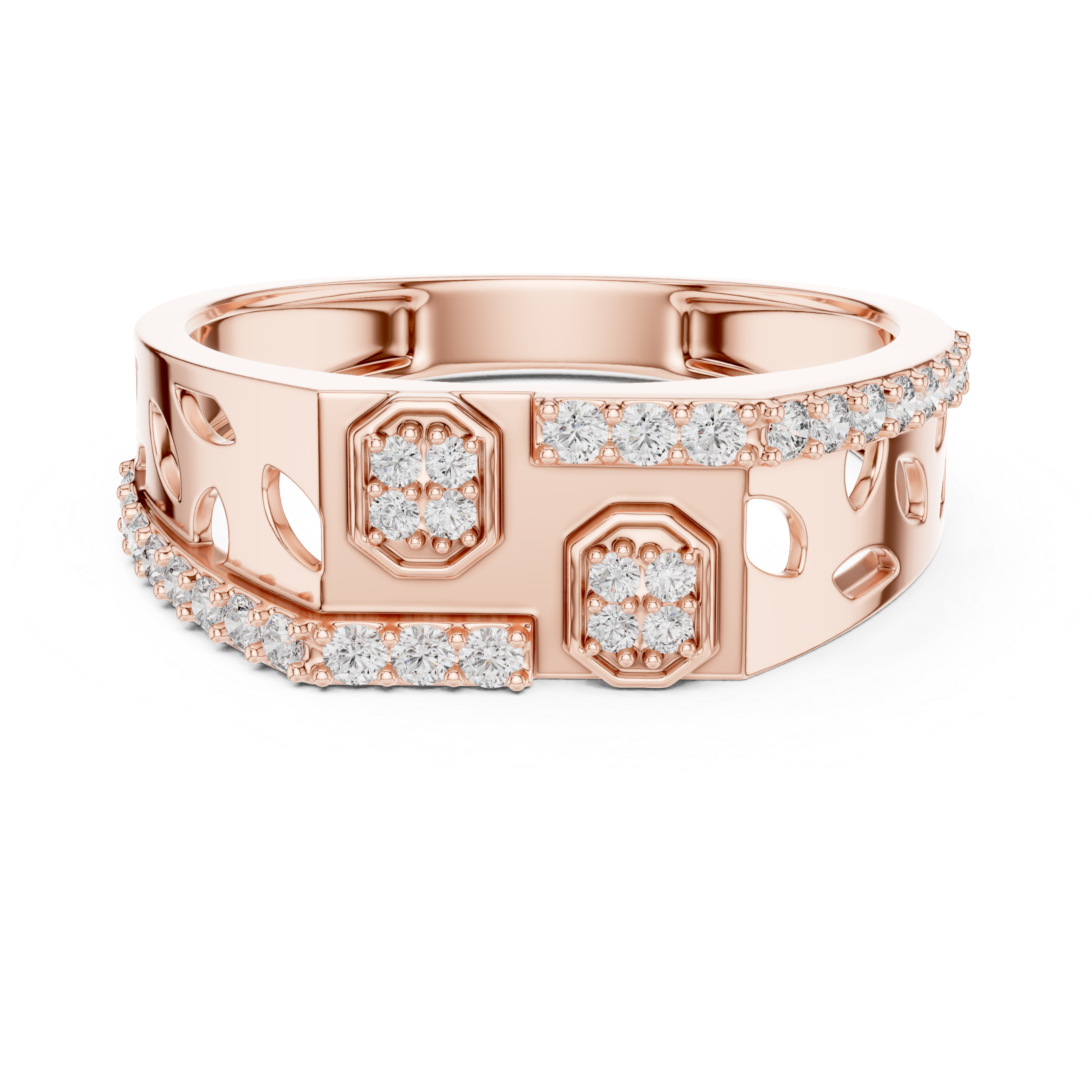 Modern Openwork Diamond Signet Ring with Geometric Pavé Accents