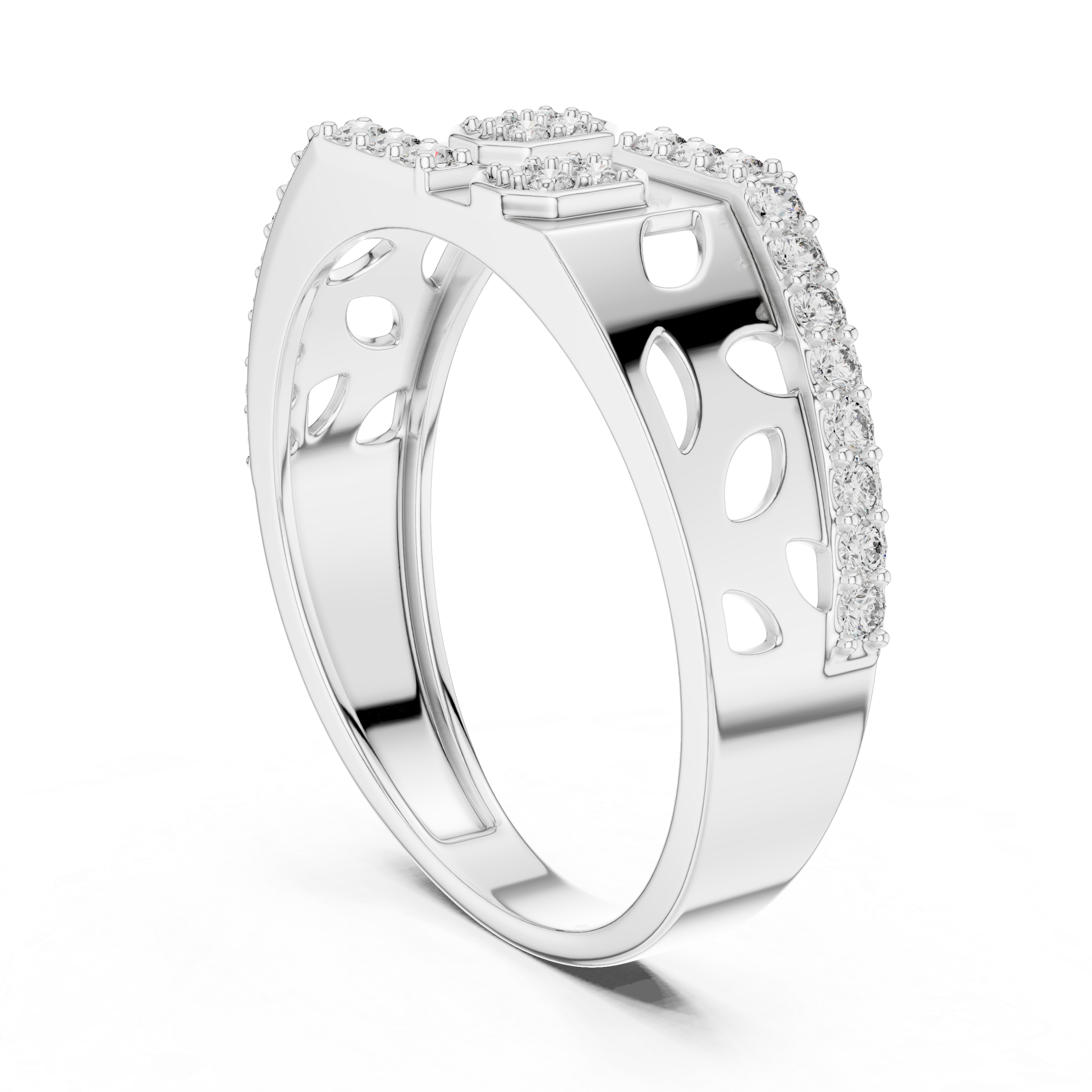Modern Openwork Diamond Signet Ring with Geometric Pavé Accents
