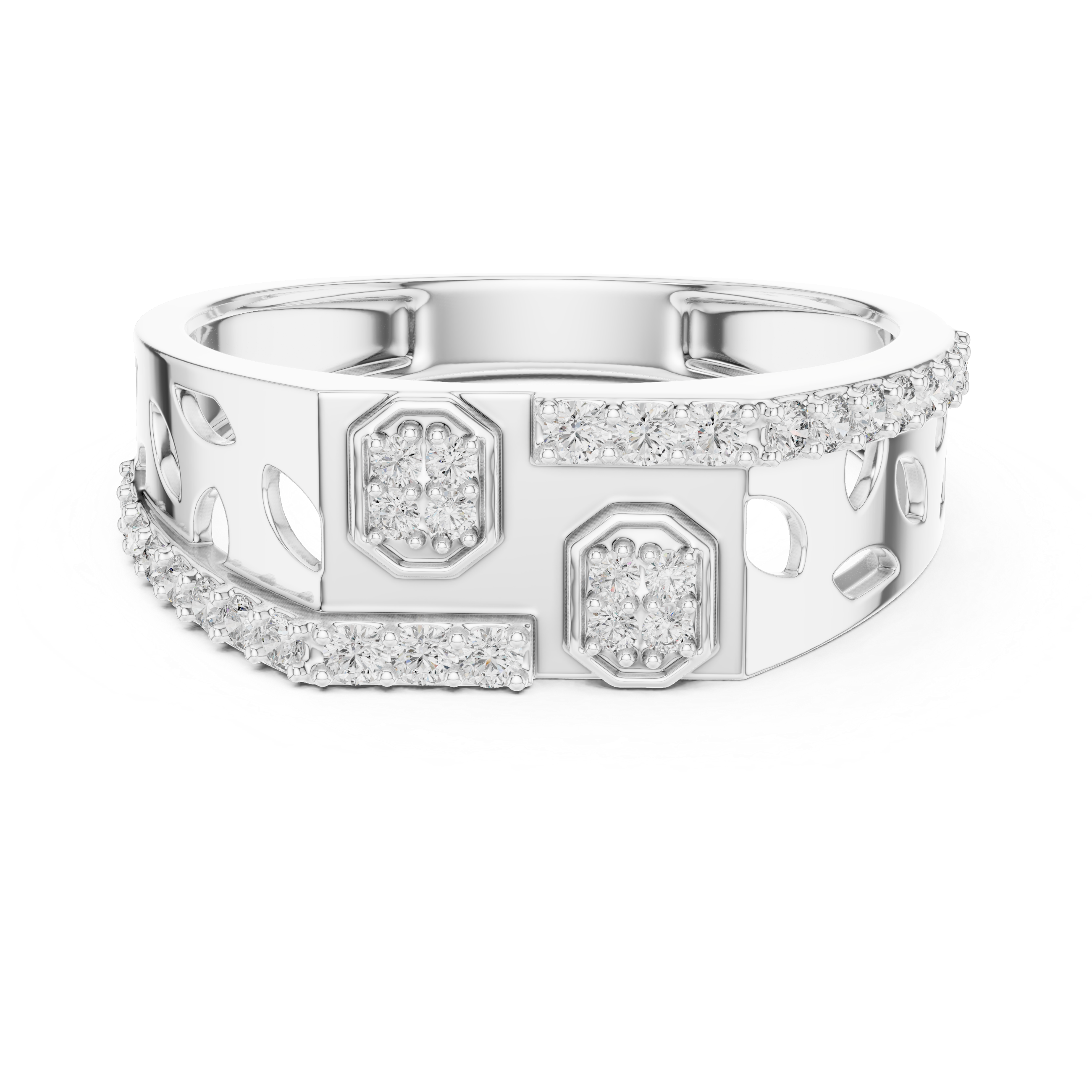 Modern Openwork Diamond Signet Ring with Geometric Pavé Accents
