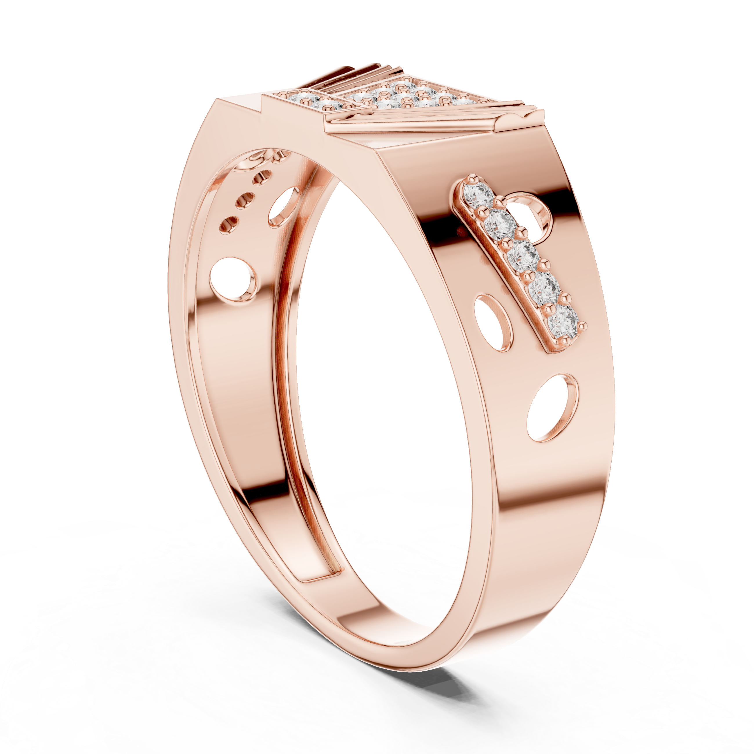 Modern Pyramid Diamond Signet Ring with Openwork Side Accents