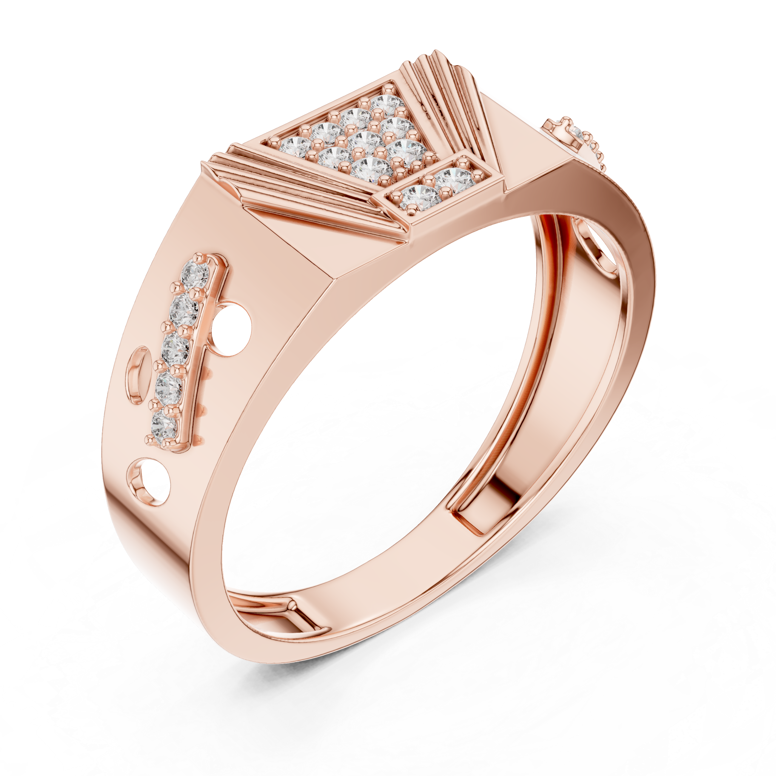 Modern Pyramid Diamond Signet Ring with Openwork Side Accents