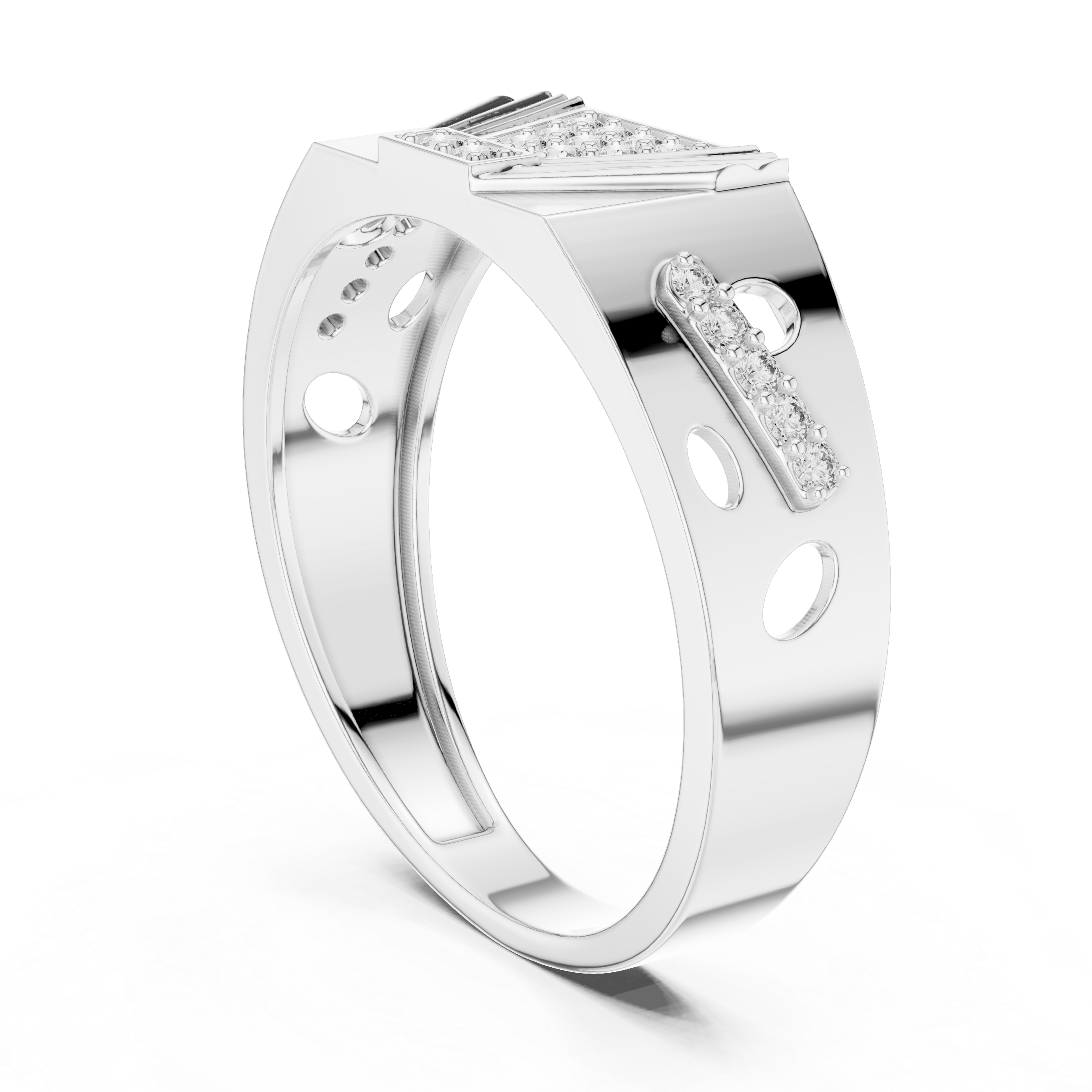 Modern Pyramid Diamond Signet Ring with Openwork Side Accents