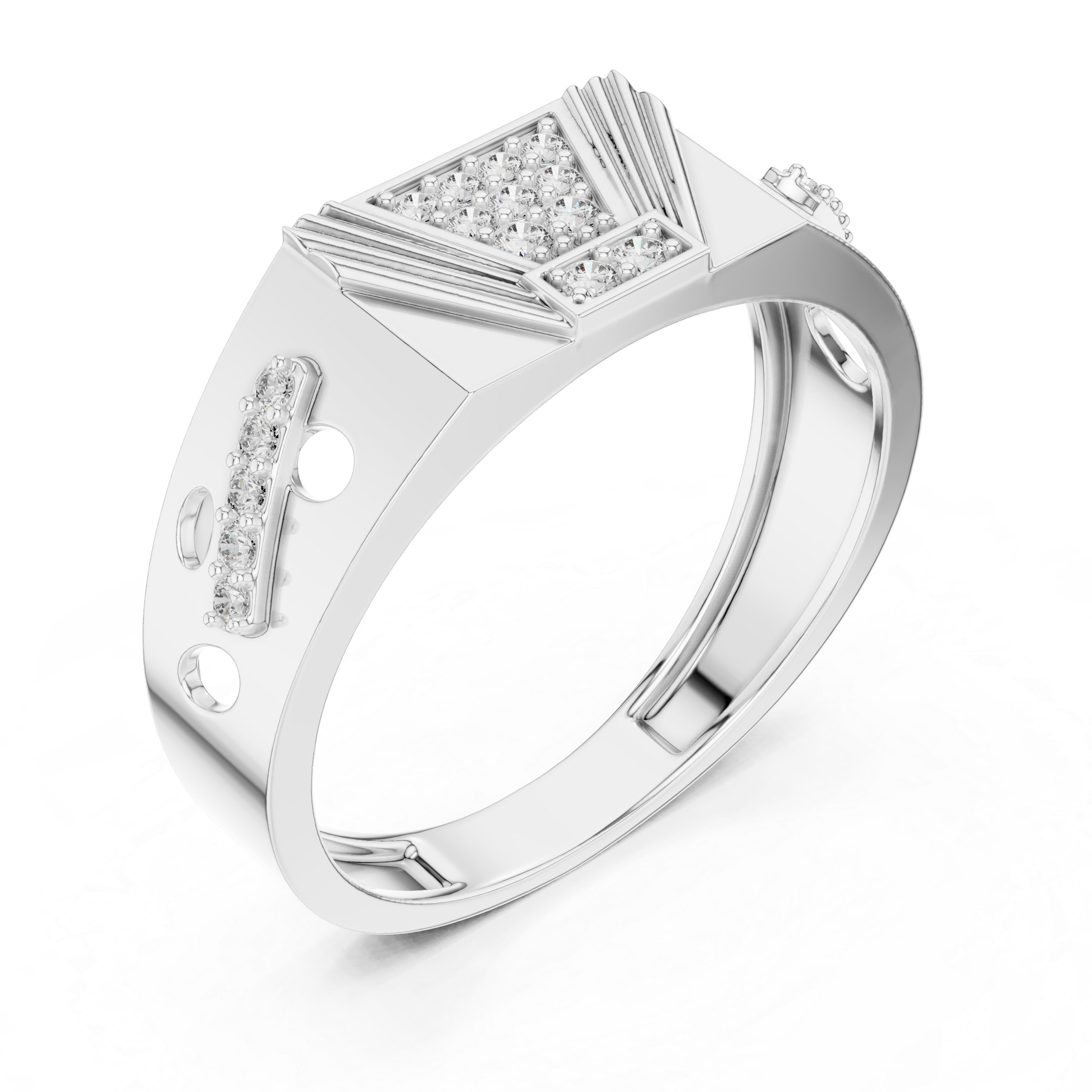 Modern Pyramid Diamond Signet Ring with Openwork Side Accents