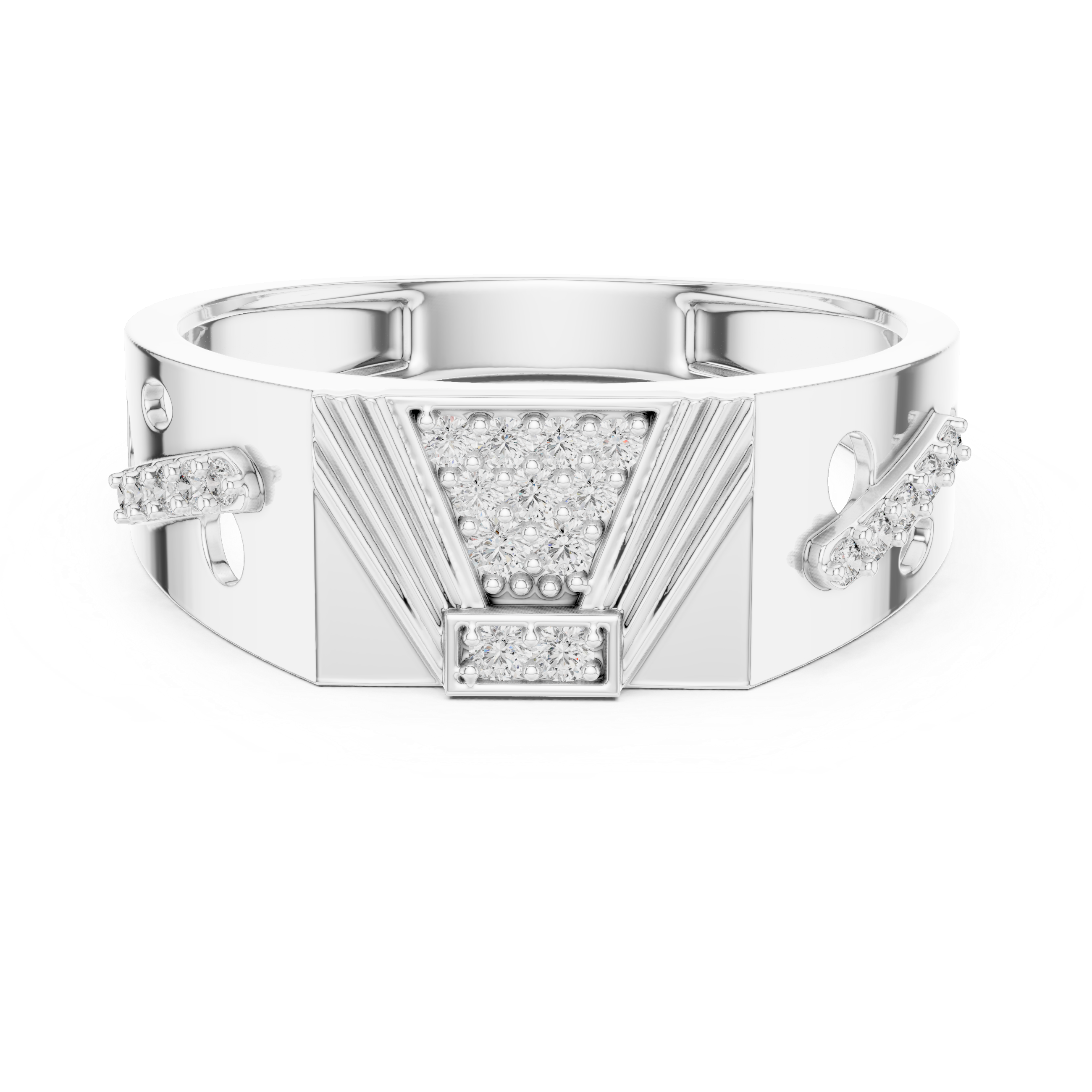 Modern Pyramid Diamond Signet Ring with Openwork Side Accents