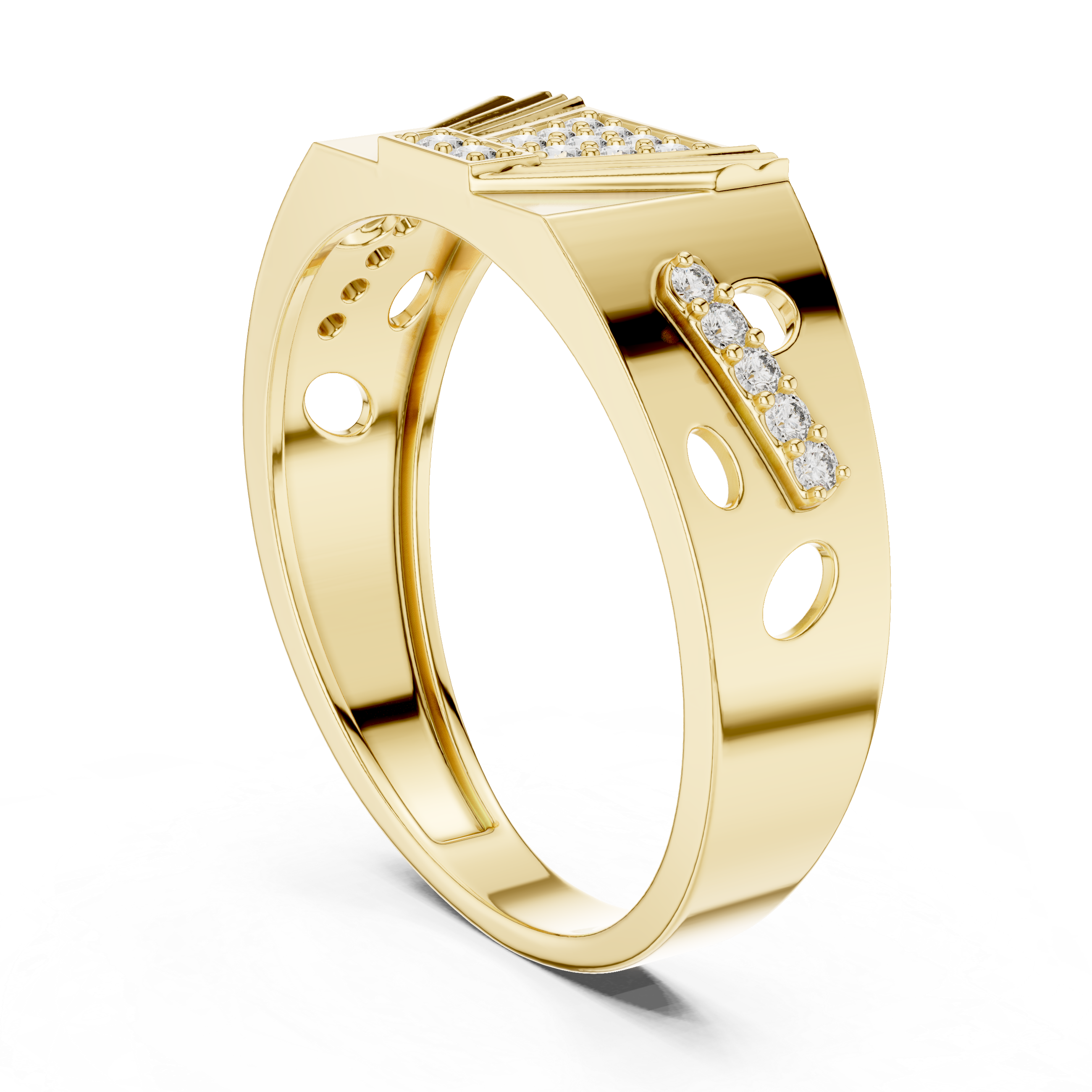 Modern Pyramid Diamond Signet Ring with Openwork Side Accents