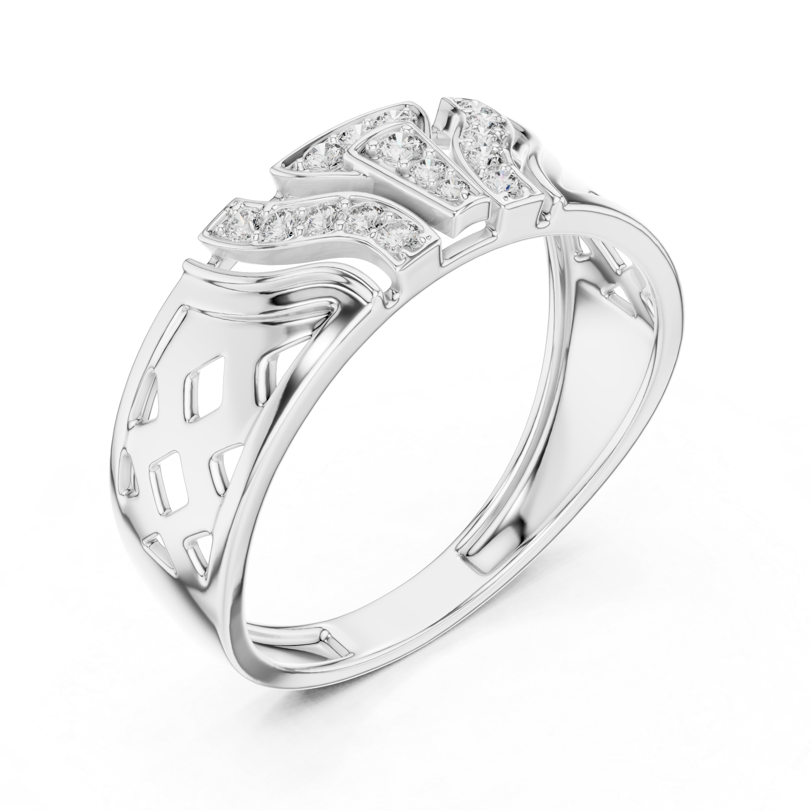 Modern Geometric Diamond Signet Ring with Openwork Side Details