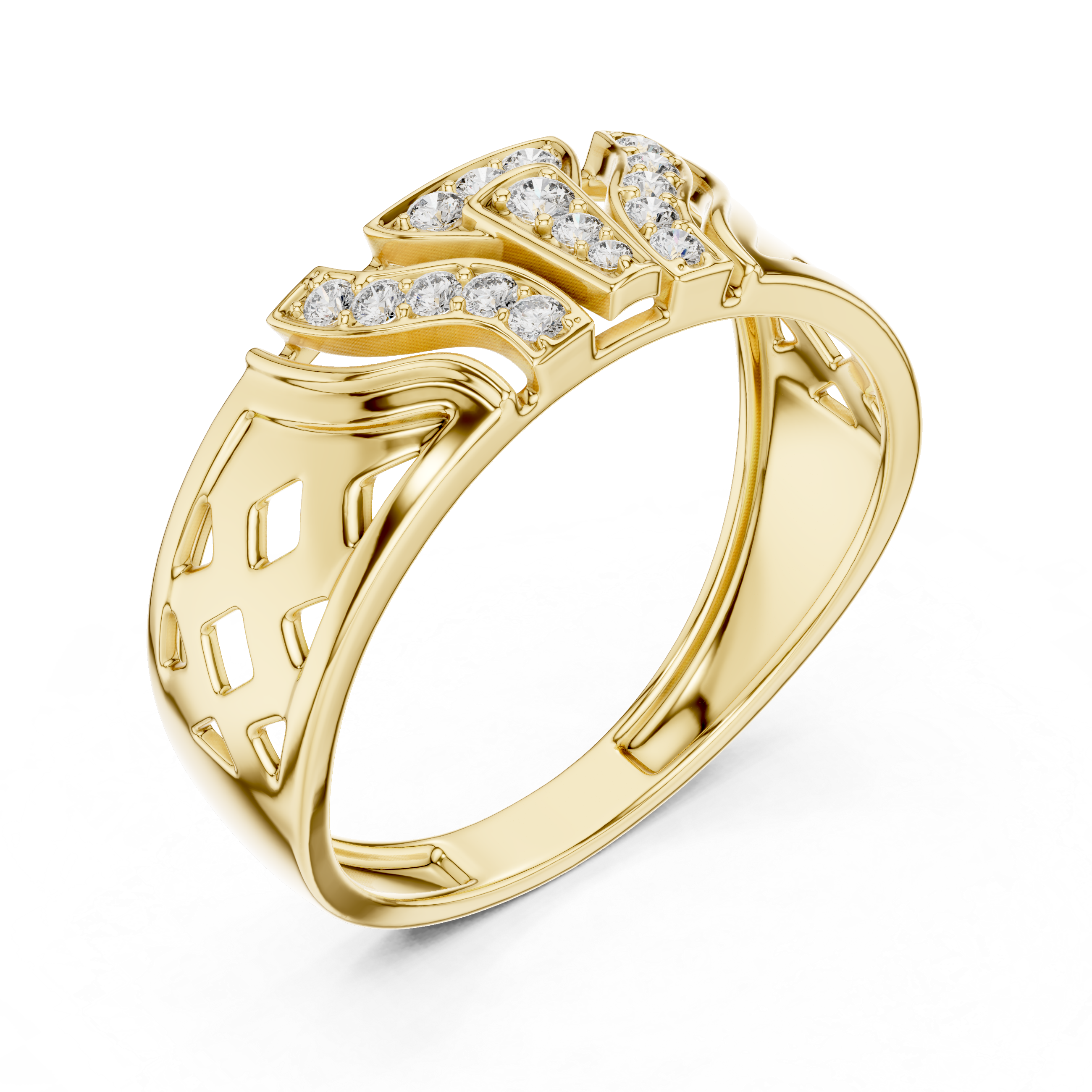 Modern Geometric Diamond Signet Ring with Openwork Side Details