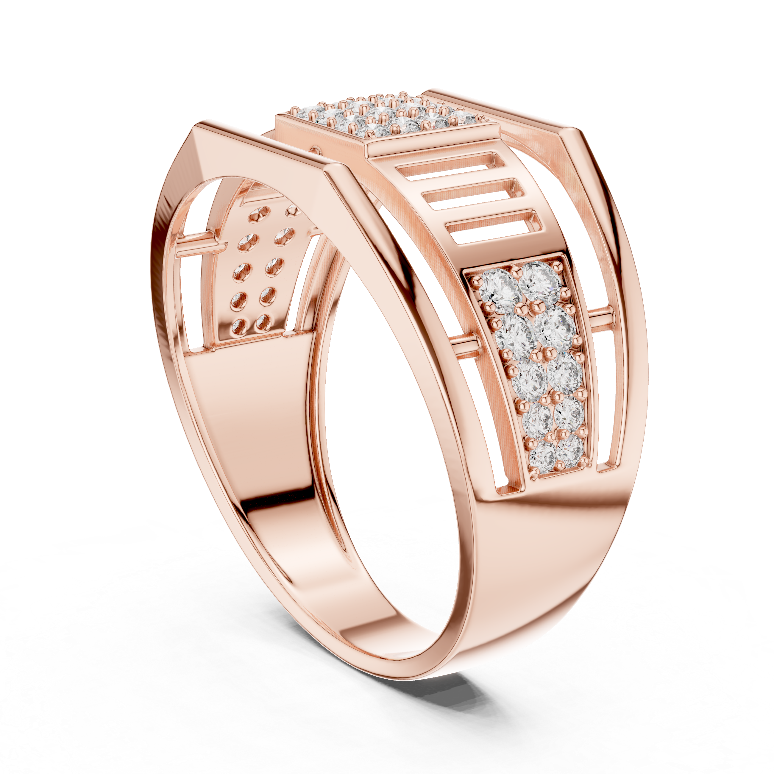 Modern Open Gallery Diamond Ring with Square Pavé Center