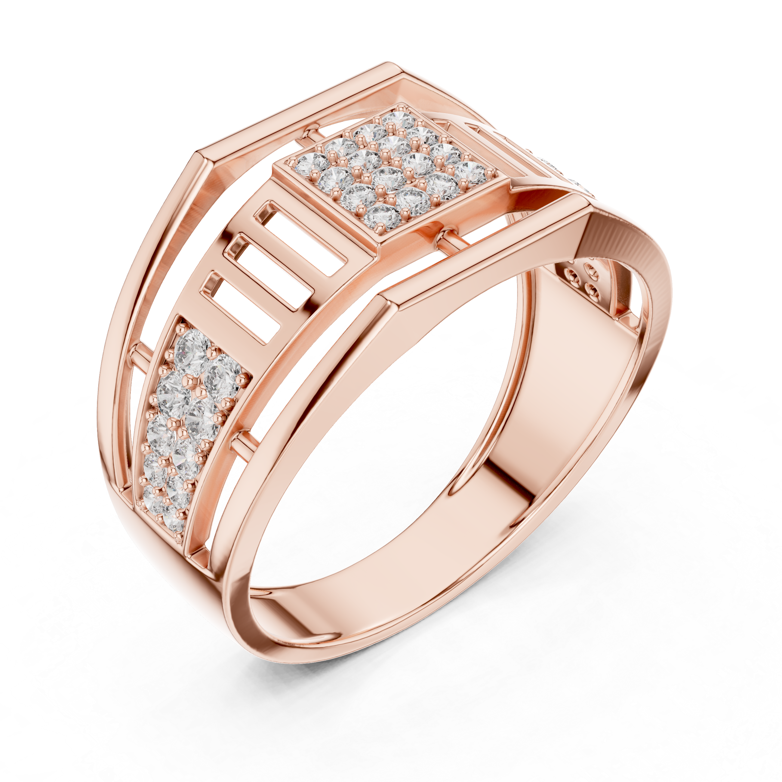 Modern Open Gallery Diamond Ring with Square Pavé Center