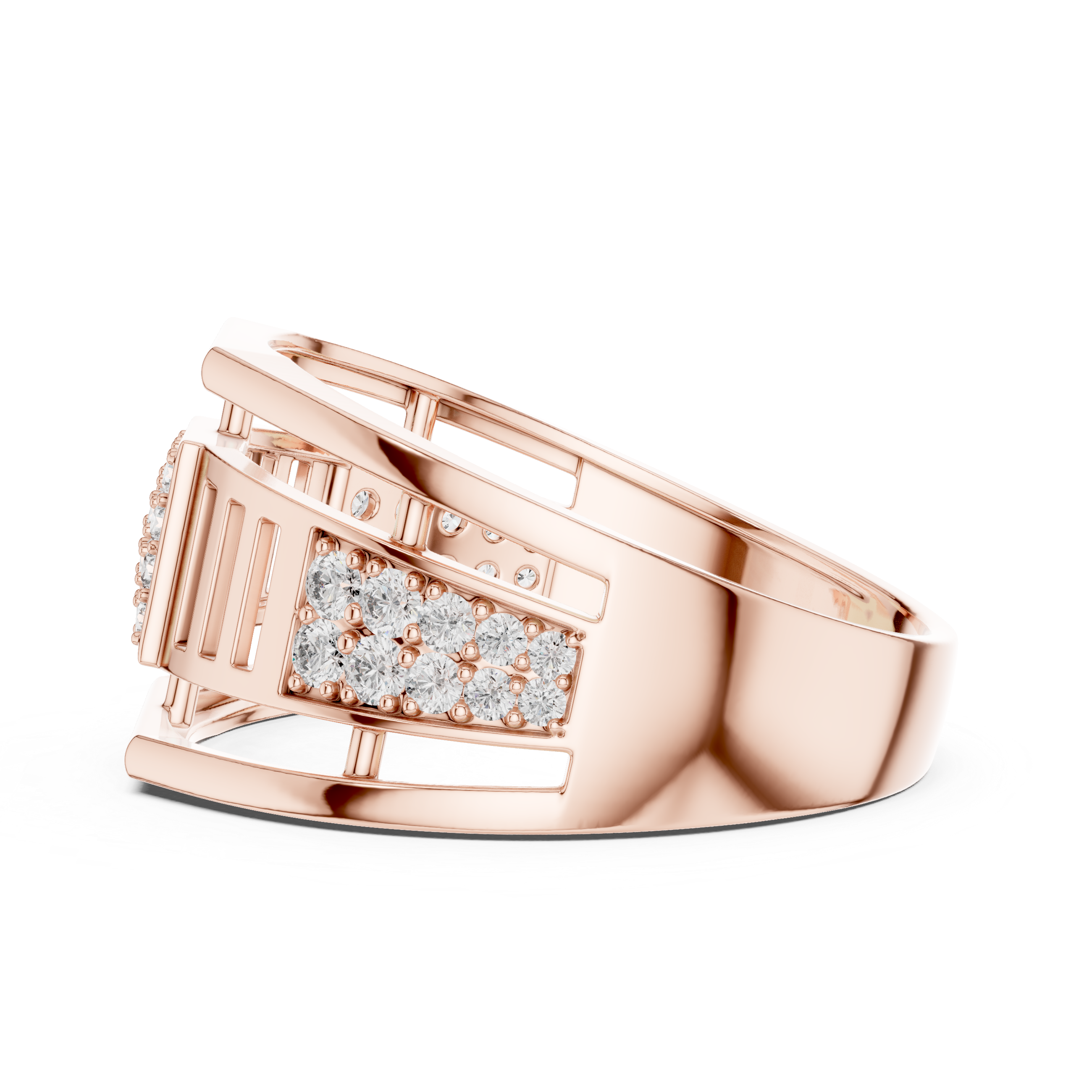 Modern Open Gallery Diamond Ring with Square Pavé Center