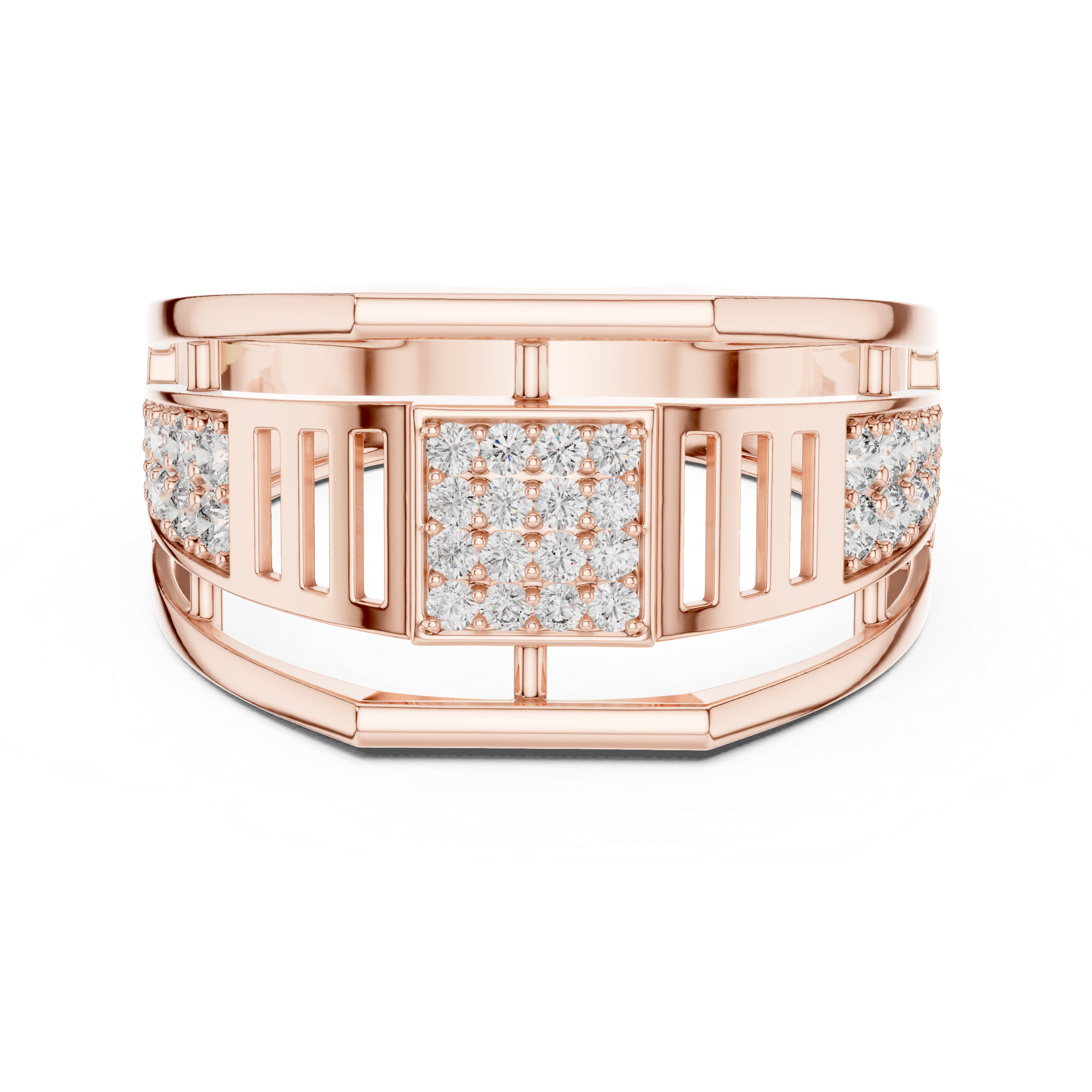 Modern Open Gallery Diamond Ring with Square Pavé Center