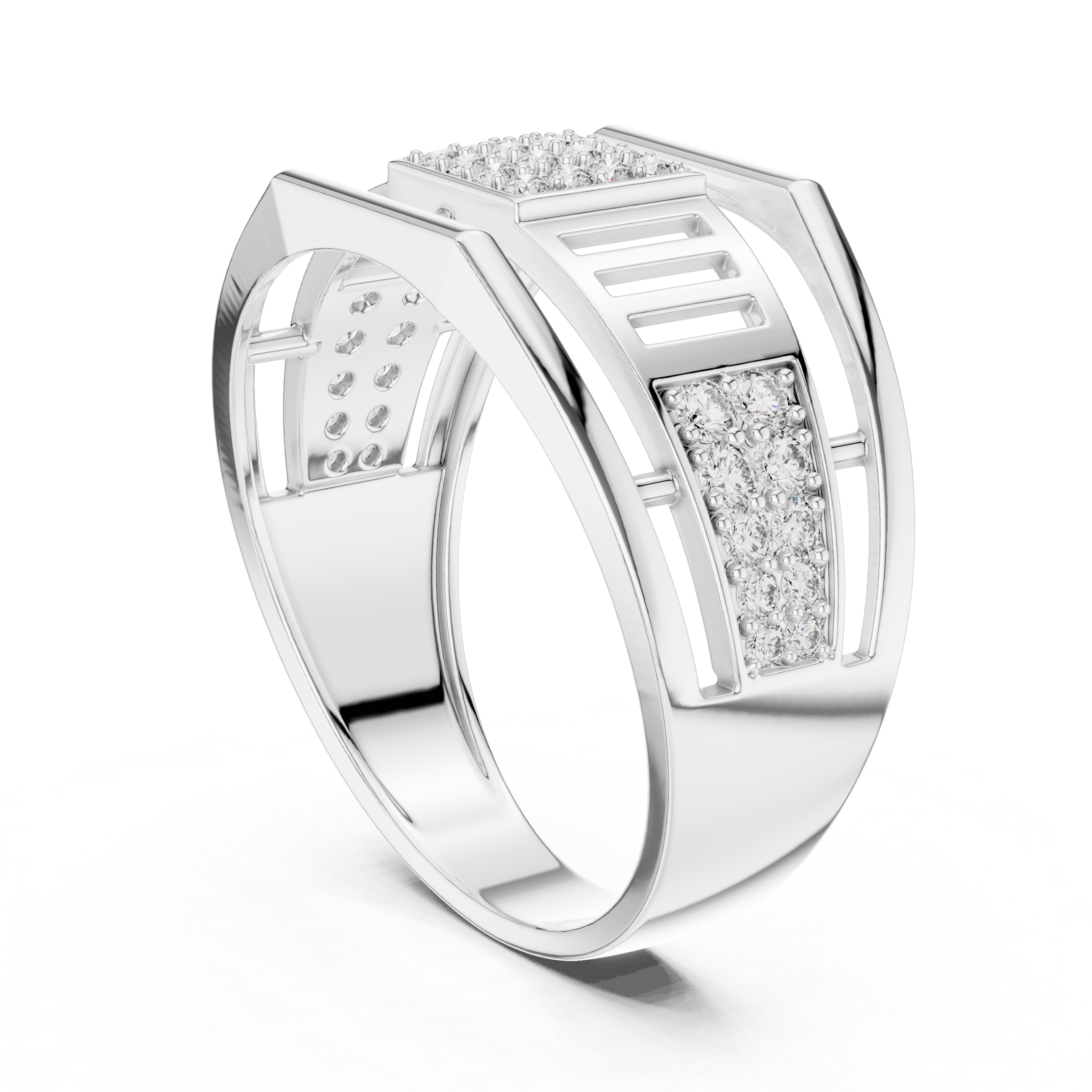 Modern Open Gallery Diamond Ring with Square Pavé Center
