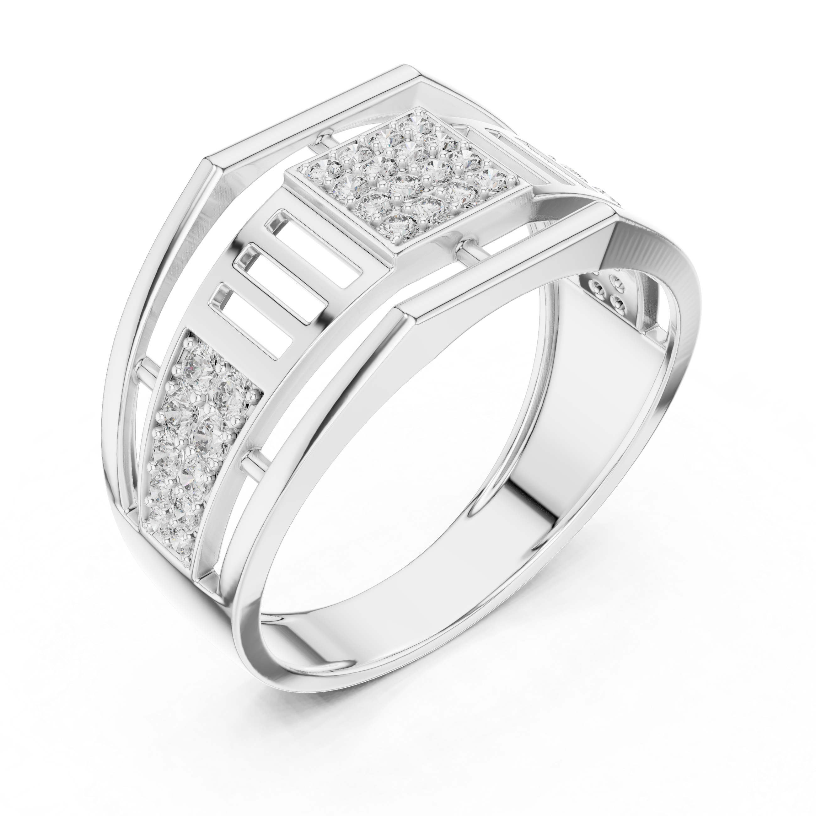 Modern Open Gallery Diamond Ring with Square Pavé Center