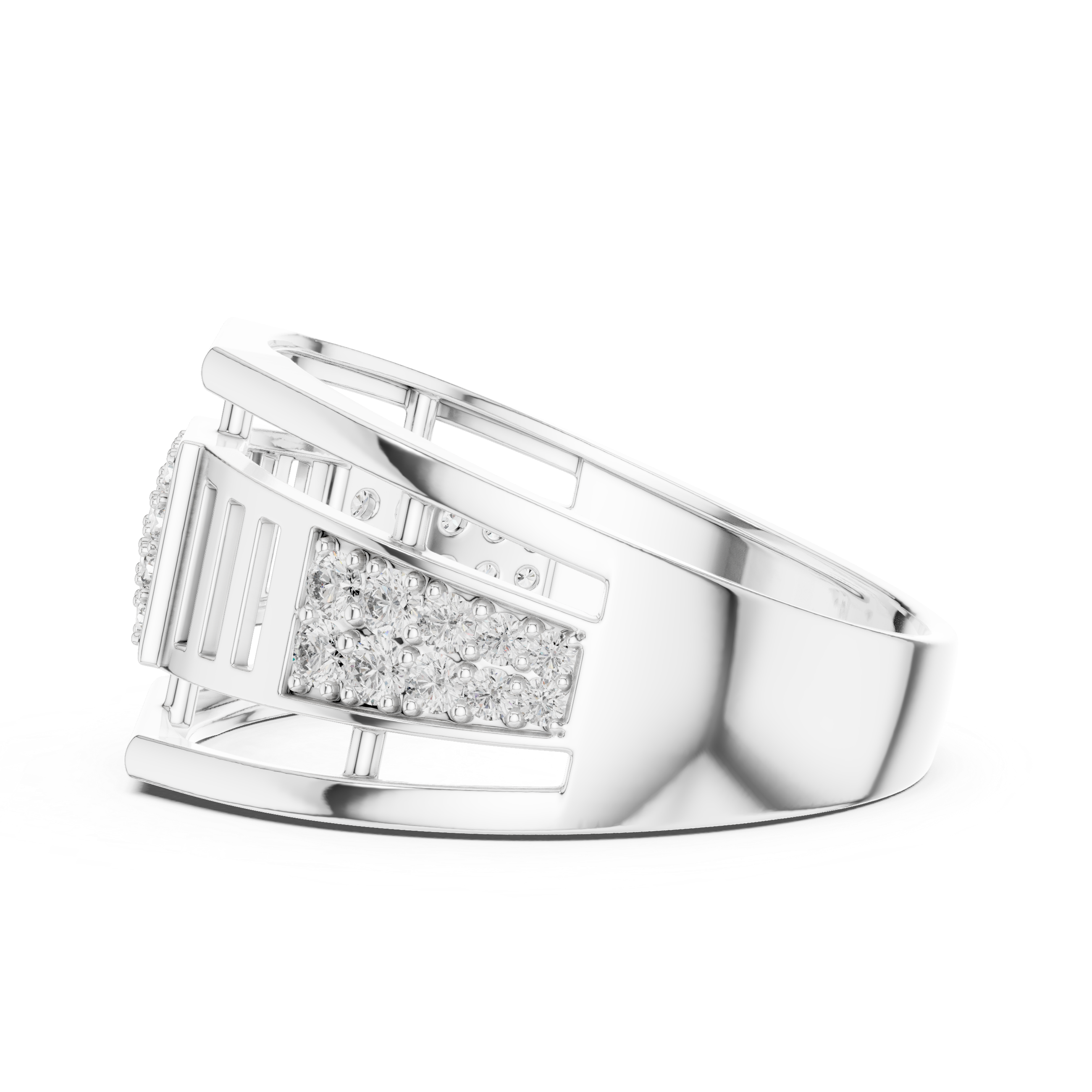 Modern Open Gallery Diamond Ring with Square Pavé Center