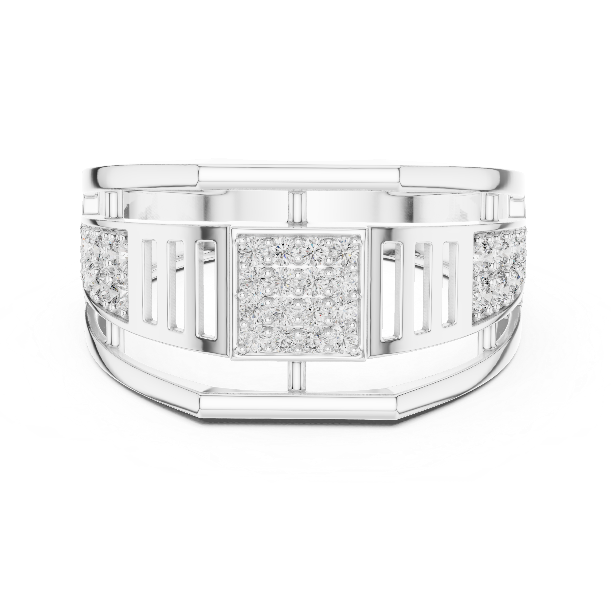 Modern Open Gallery Diamond Ring with Square Pavé Center