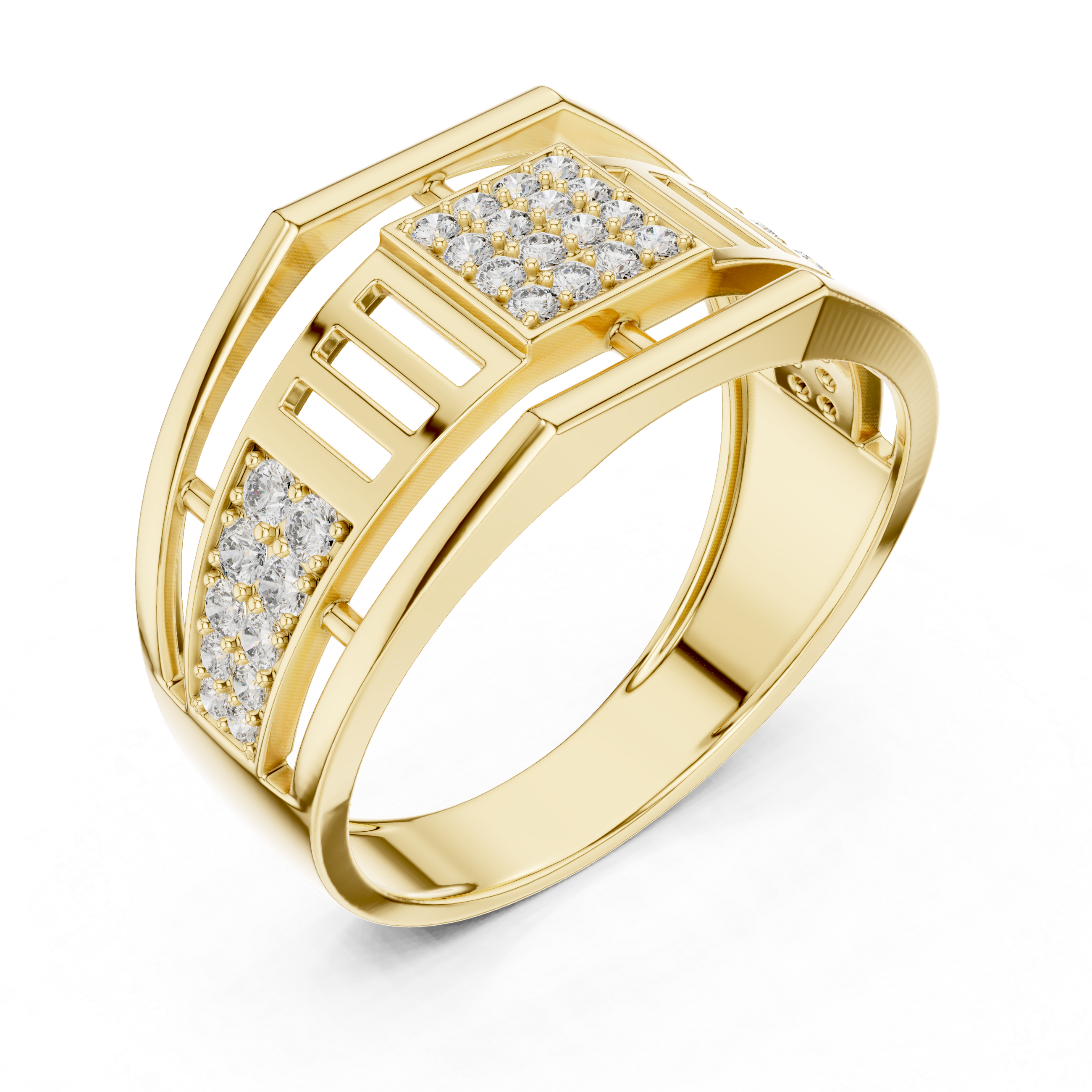 Modern Open Gallery Diamond Ring with Square Pavé Center