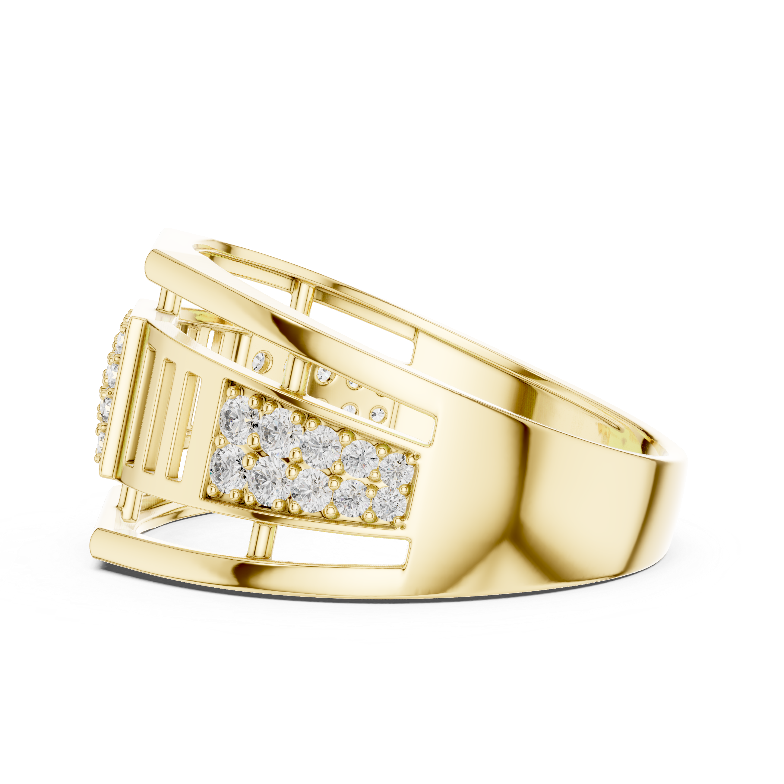 Modern Open Gallery Diamond Ring with Square Pavé Center