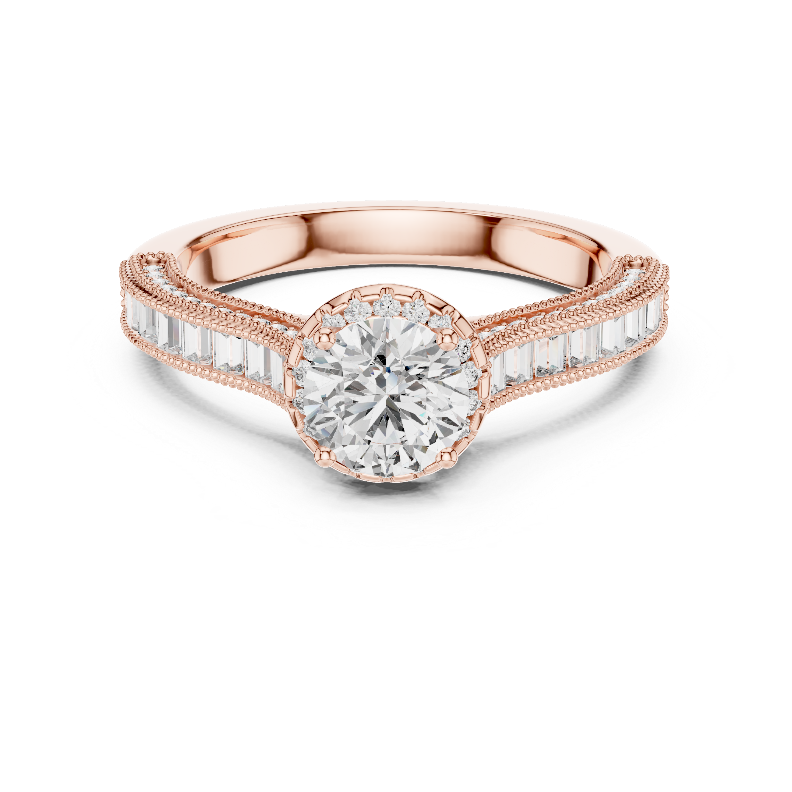 Round Halo Engagement Ring with Baguette Diamond Band – Vintage Milgrain Bridal Ring