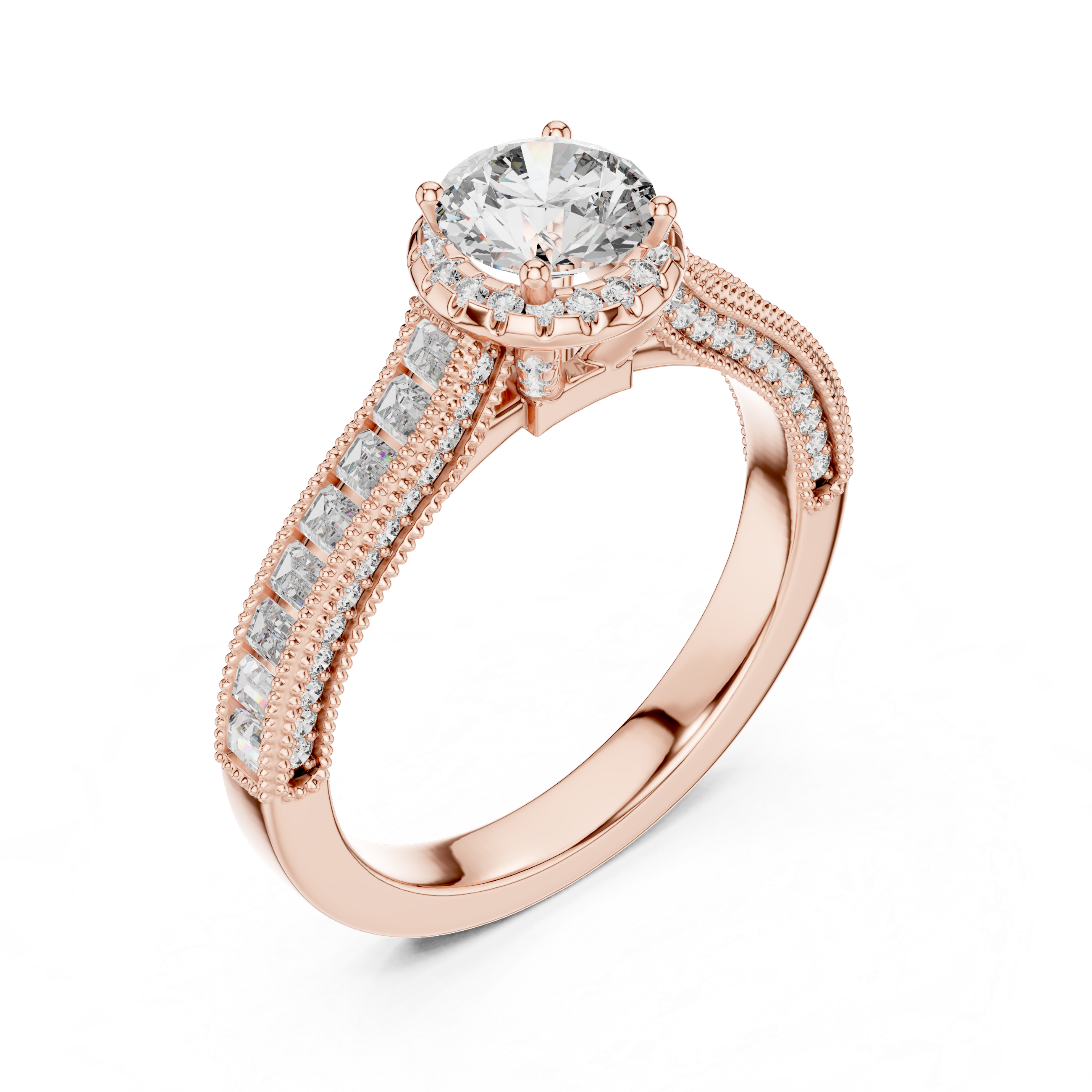 Round Halo Engagement Ring with Baguette Diamond Band – Vintage Milgrain Bridal Ring
