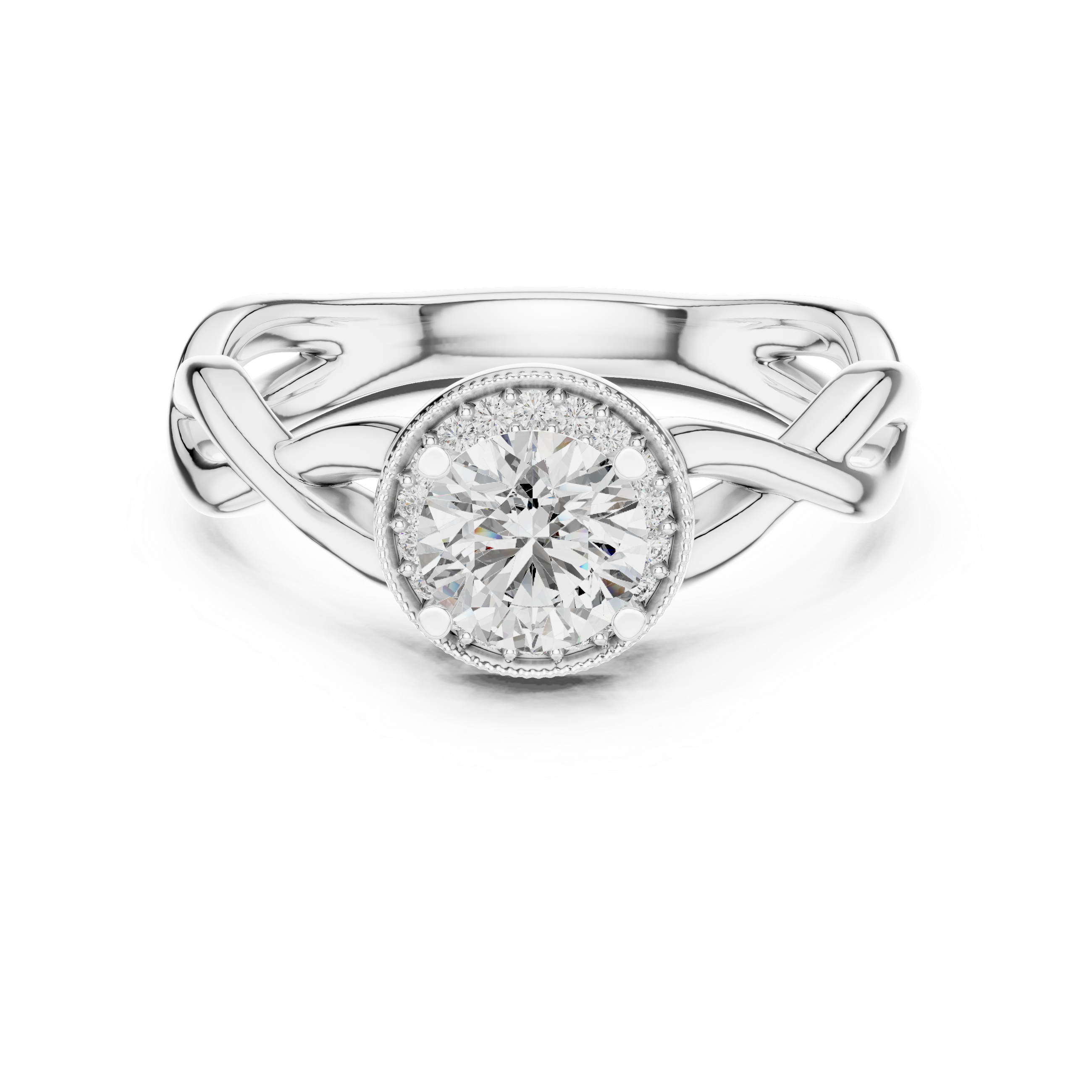 Twisted Infinity Halo Engagement Ring – Round Diamond Celtic Inspired Bridal Ring