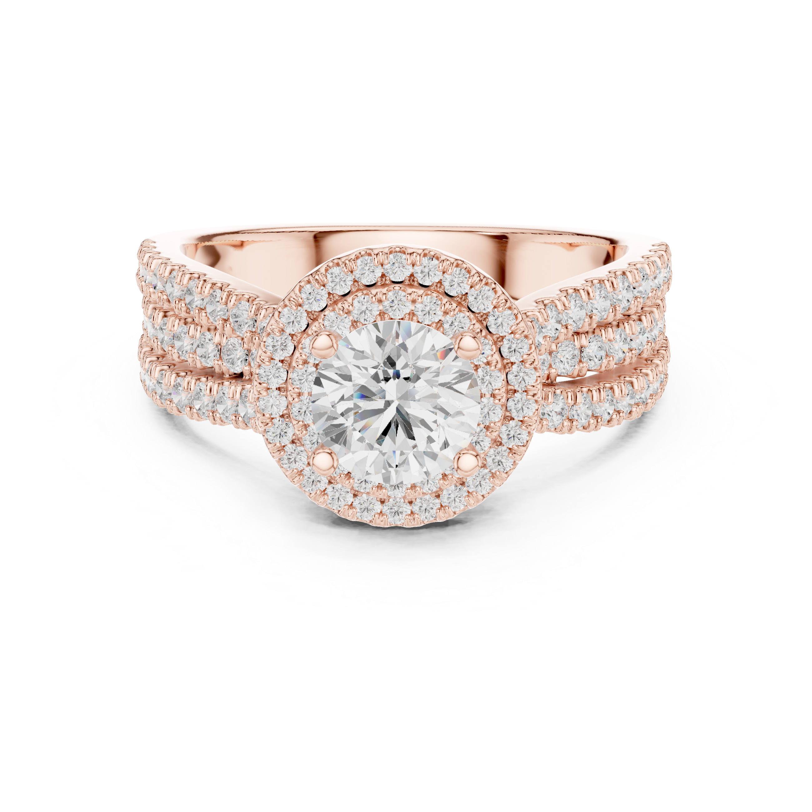 Double Halo Split Shank Engagement Ring – Luxury Round Diamond Bridal Ring