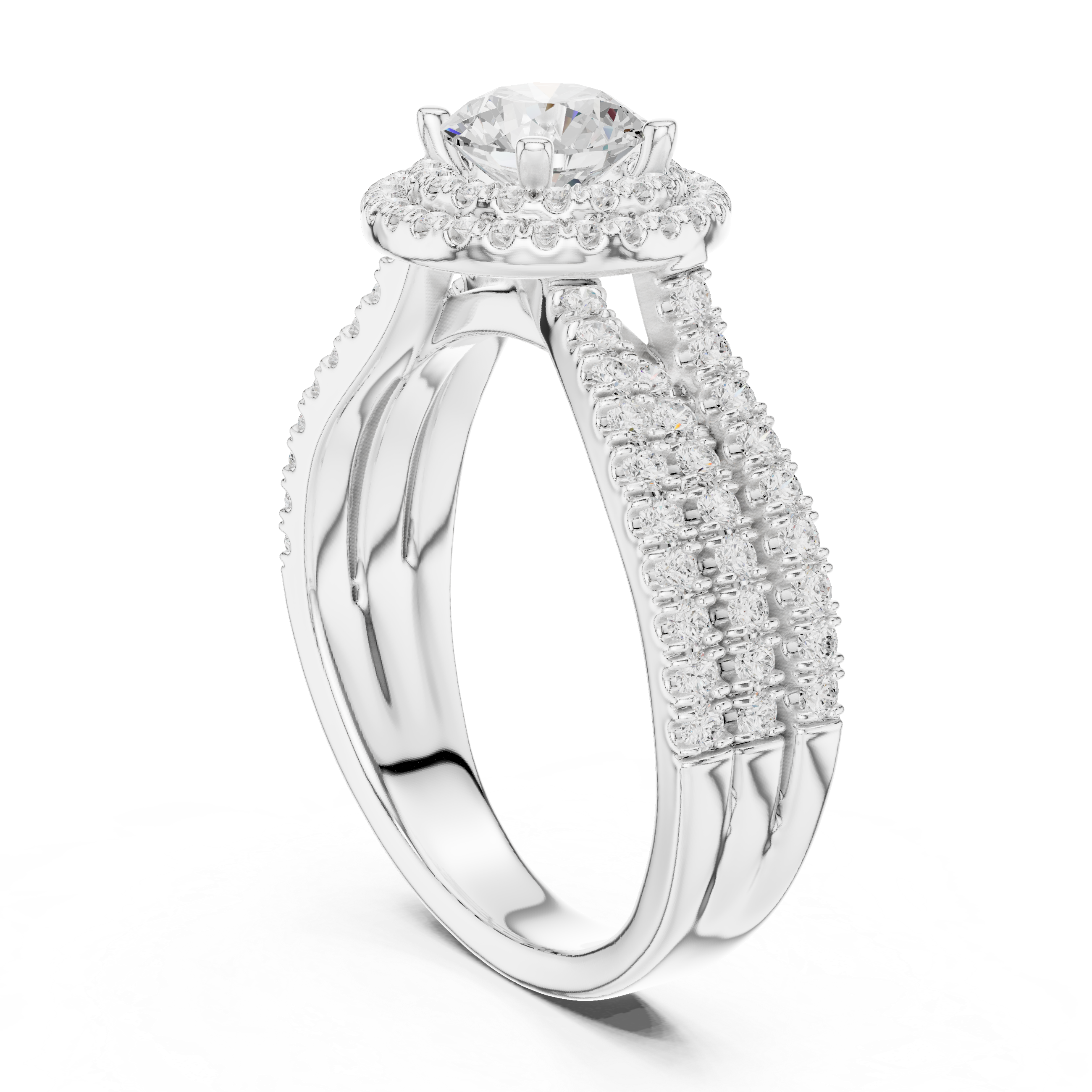 Double Halo Split Shank Engagement Ring – Luxury Round Diamond Bridal Ring
